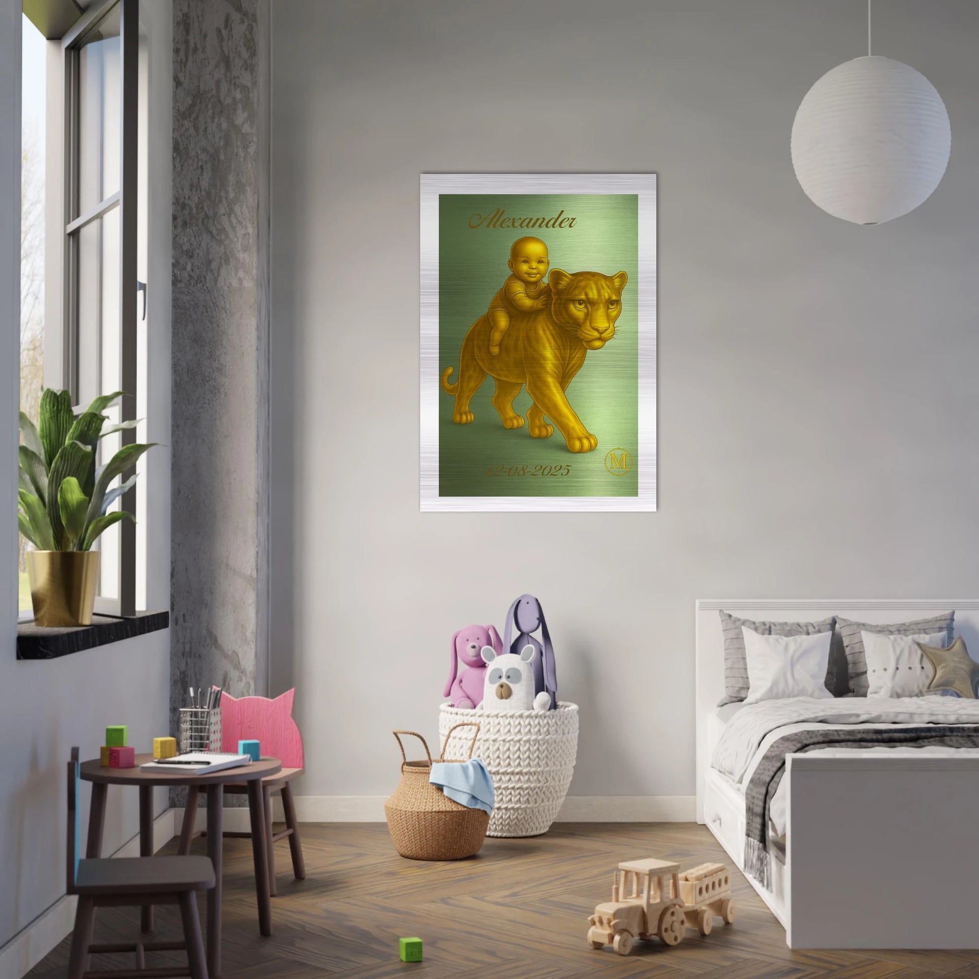 Personalized aluminum Alexander baby name plate with striking panther pattern, unique birth announcement gift for modern nursery wall art decoration