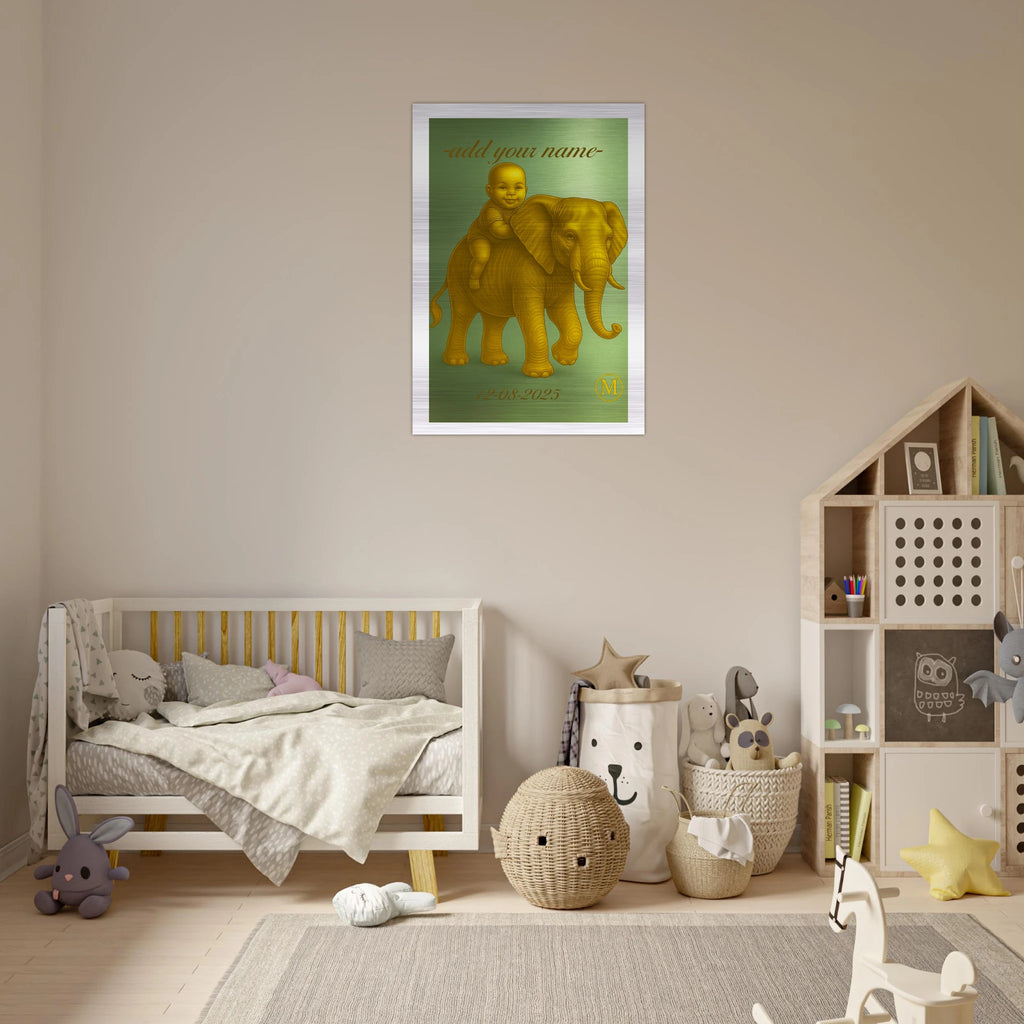 Personalized baby wall art featuring charming green elephant name design on aluminum, ideal custom birth gift and baby shower decoration for nursery