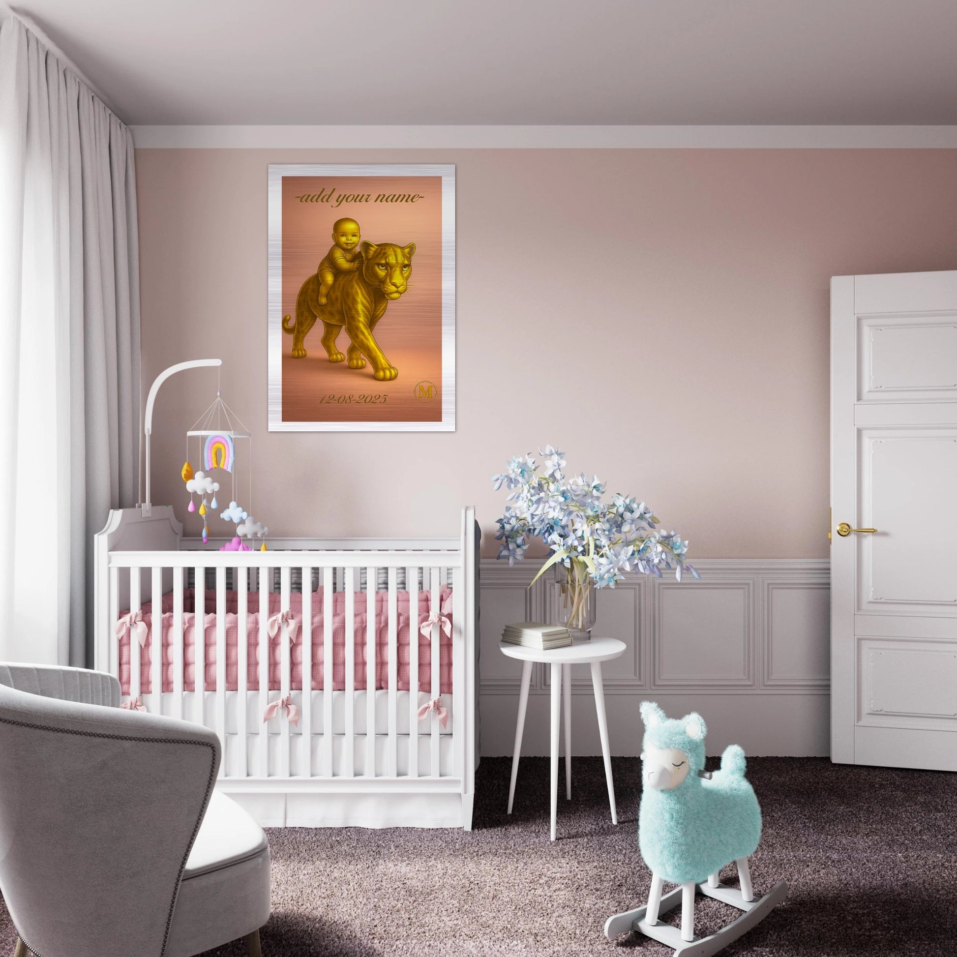 Personalized baby wall art featuring pink panther name design on aluminum, ideal custom birth gift and baby shower decoration for nursery