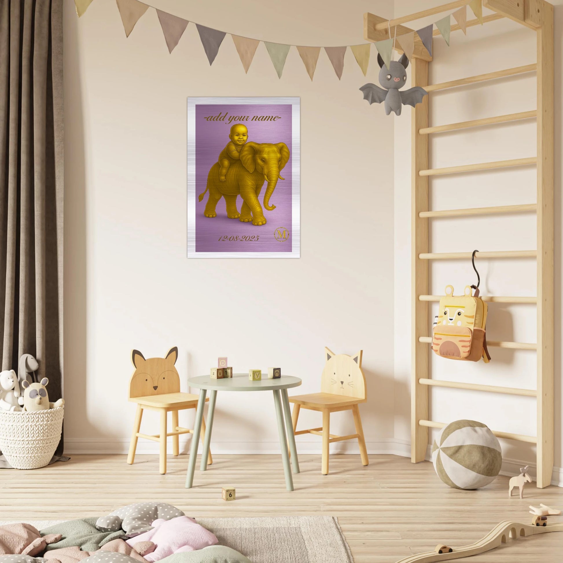 Personalized baby wall art featuring charming purple elephant name design on aluminum, ideal custom birth gift and baby shower decoration for nursery