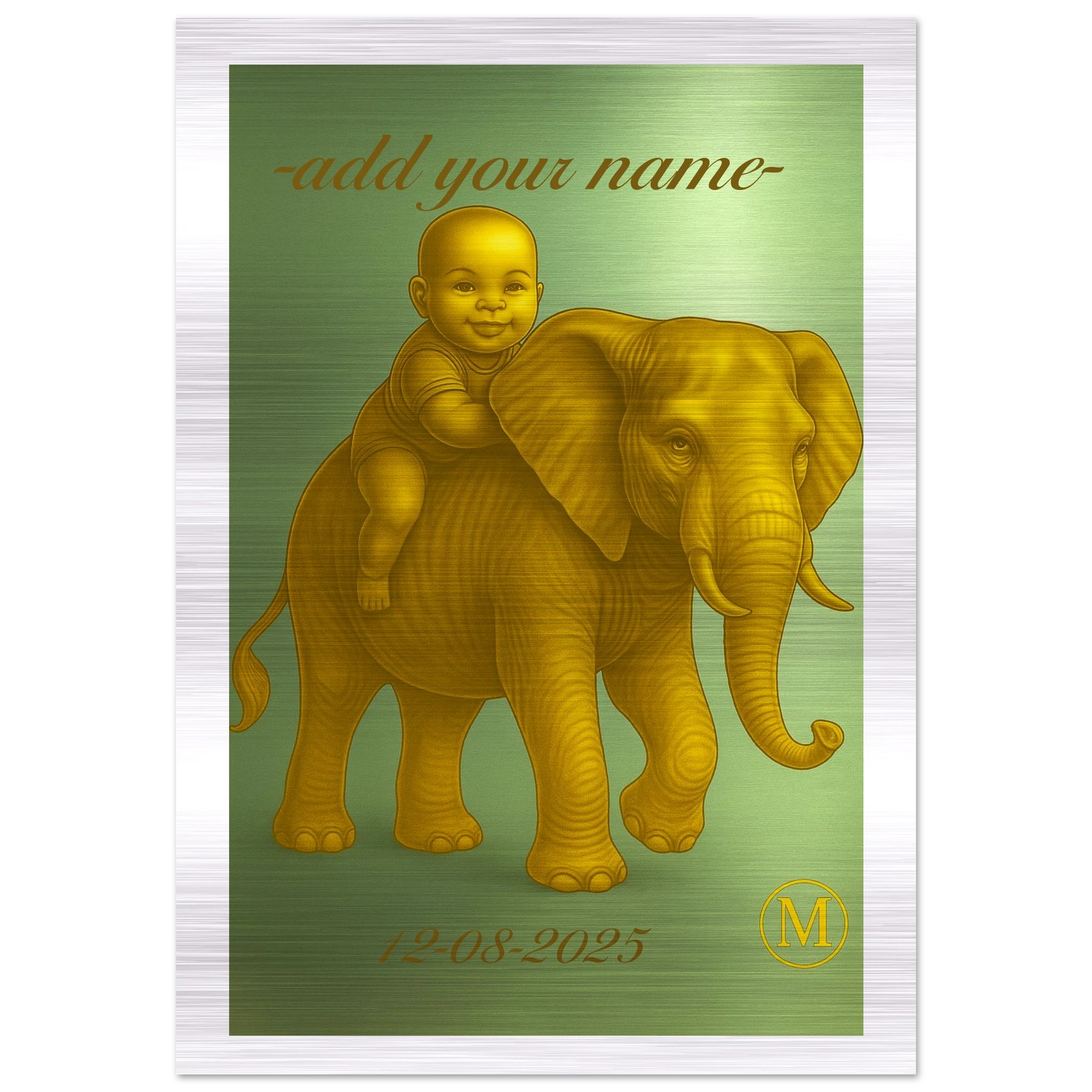 Personalized baby name sign with cute green elephant design, perfect aluminum birth gift for nursery wall decoration and baby shower present