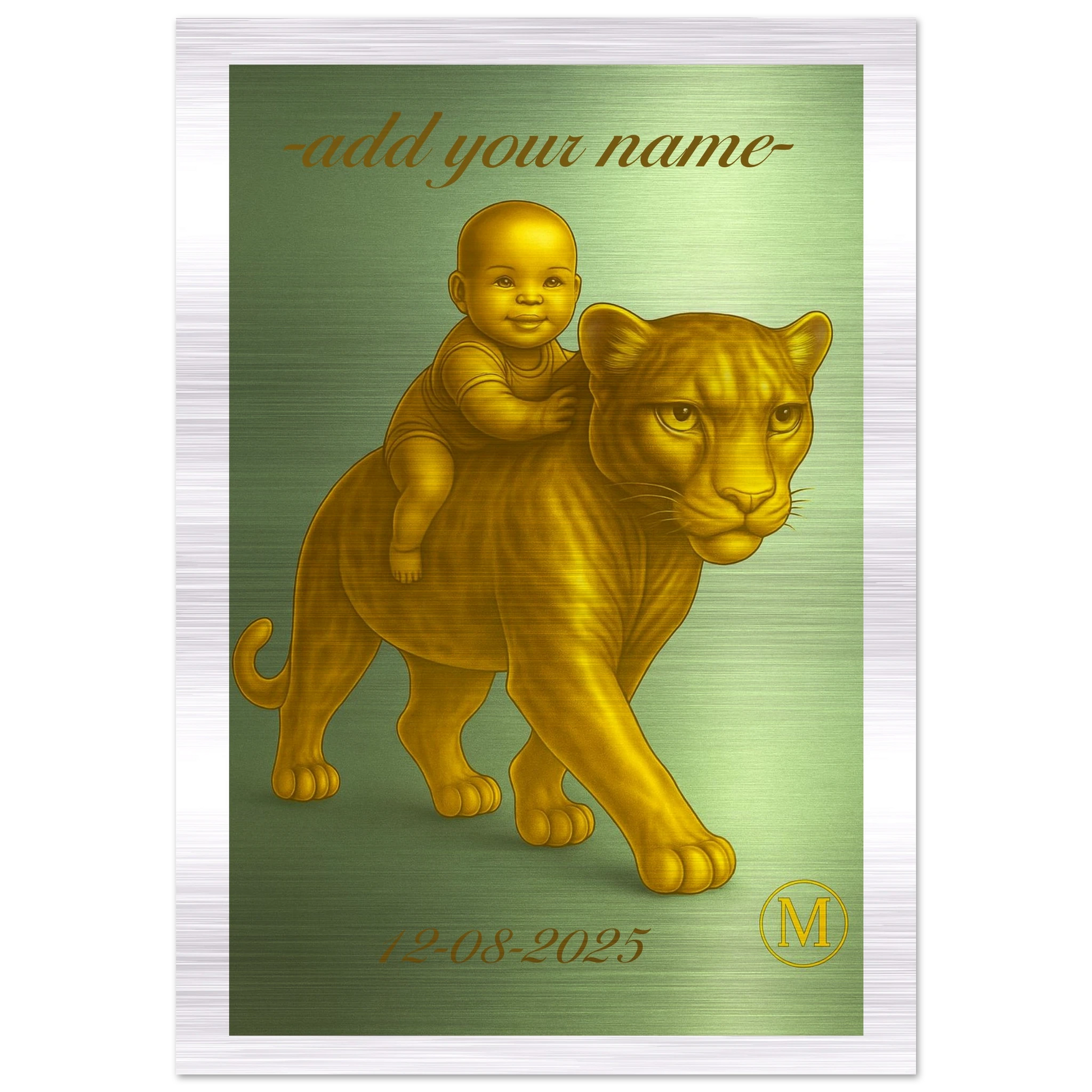Personalized baby name sign with green panther design, perfect aluminum birth gift for nursery wall decoration and baby shower present
