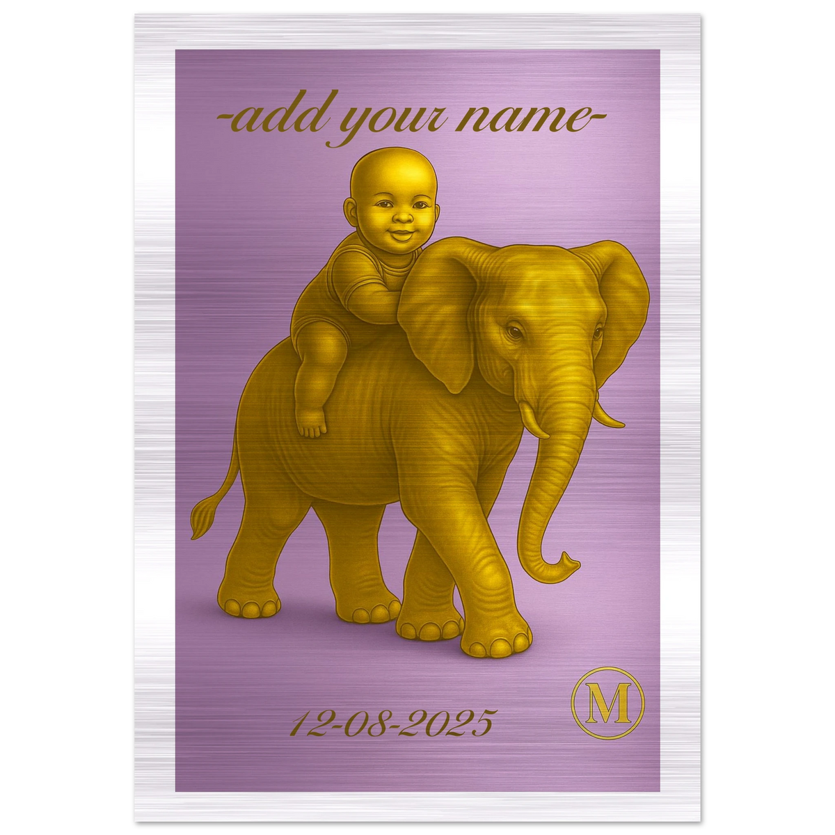 Personalized baby name sign with cute purple elephant design, perfect aluminum birth gift for nursery wall decoration and baby shower present