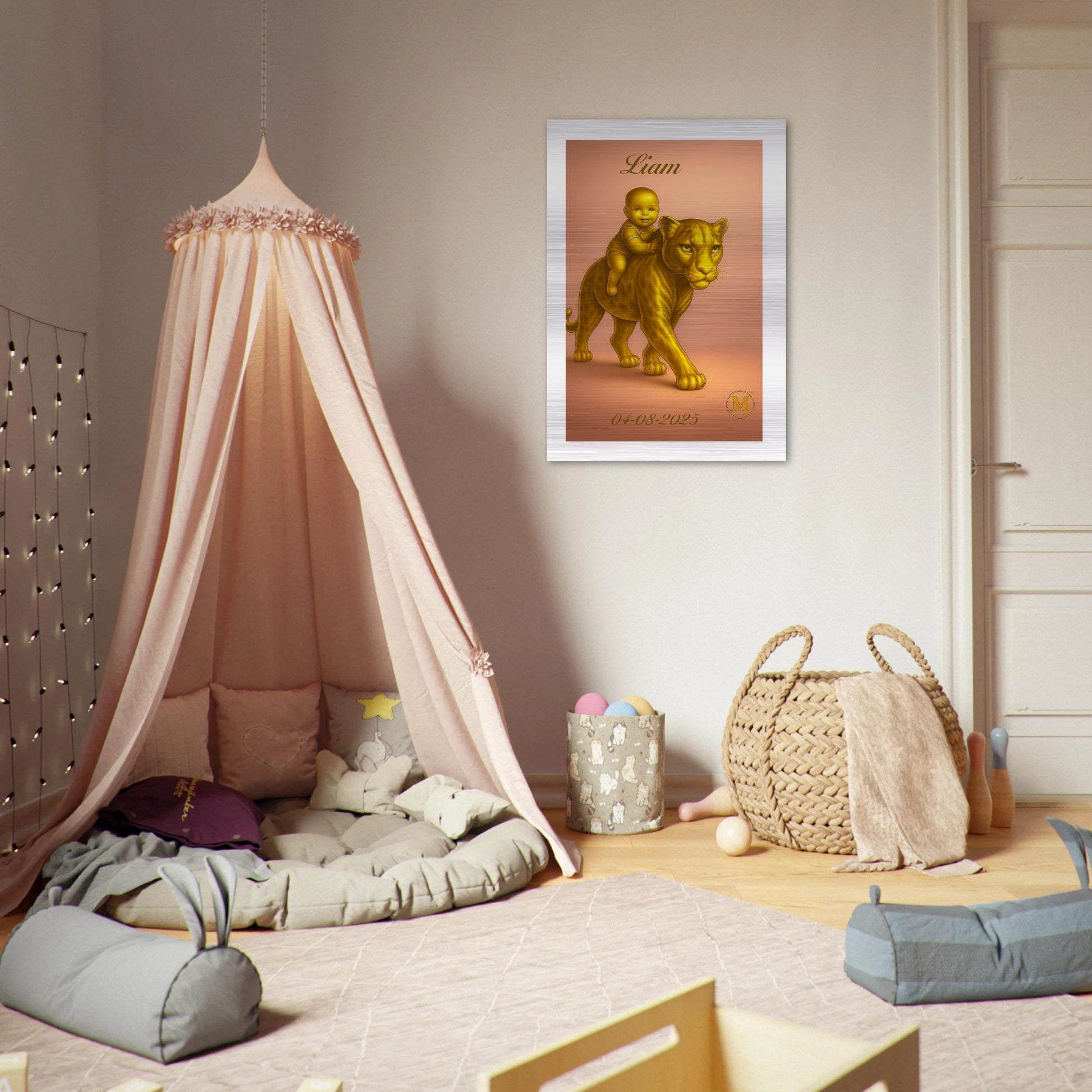 Personalized Liam baby wall art featuring elegant baby boy panther name design on aluminum, ideal custom birth gift and baby shower decoration for nursery