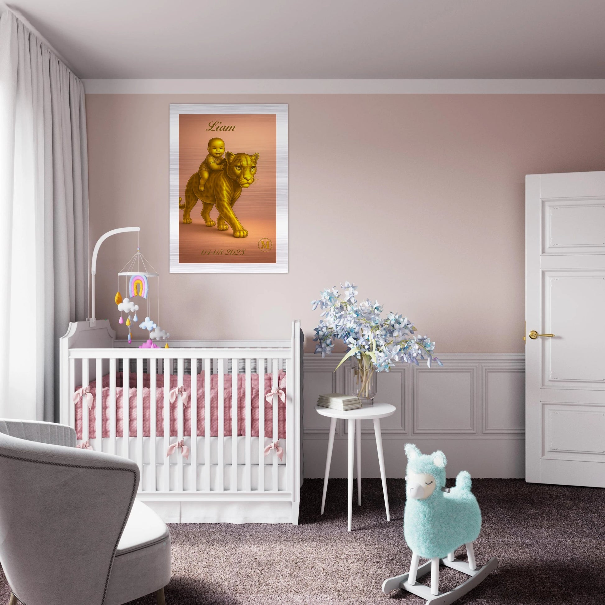 Personalized Liam baby name sign with stylish baby boy panther design, perfect aluminum birth gift for nursery wall decoration and baby shower present