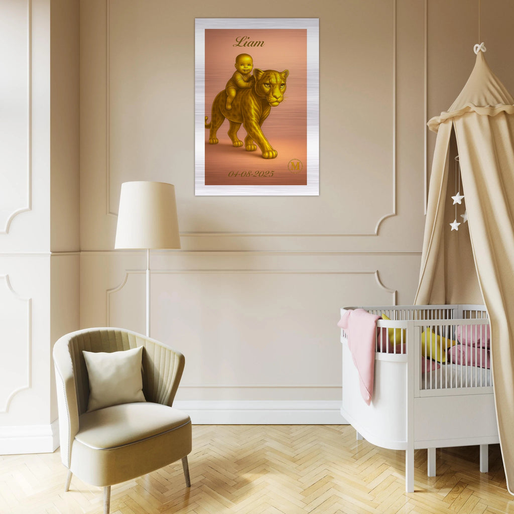 Personalized aluminum Liam baby name plate with striking baby boy panther pattern, unique birth announcement gift for modern nursery wall art decoration