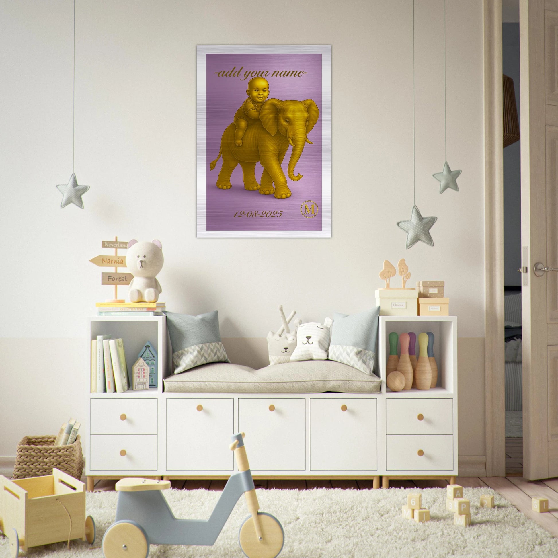 Name piece aluminum. Purple elephant with baby for kids room Personalized gift baby 