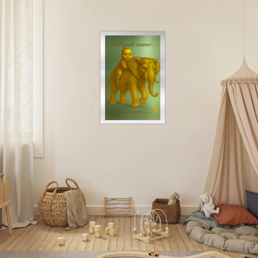 Personalized aluminum baby name plate with sweet green elephant pattern, unique birth announcement gift for modern nursery wall art decoration