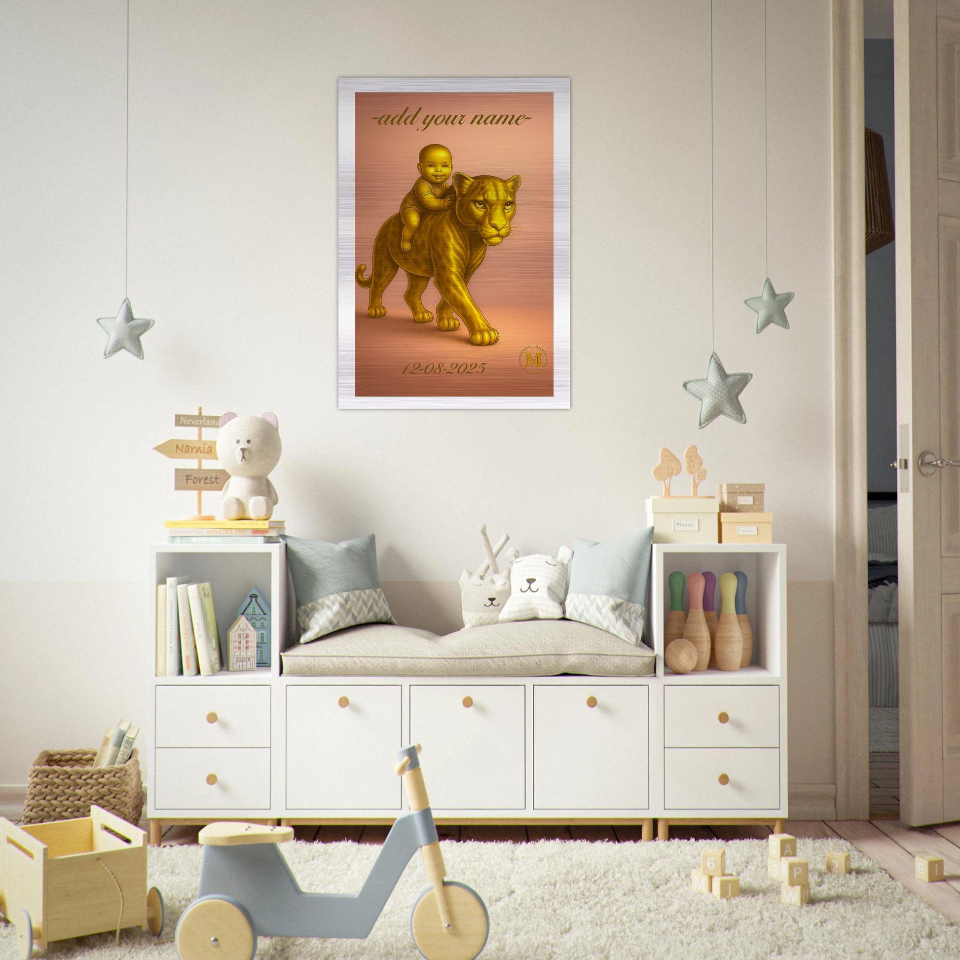 Personalized aluminum baby name plate with elegant pink panther pattern, unique birth announcement gift for modern nursery wall art decoration