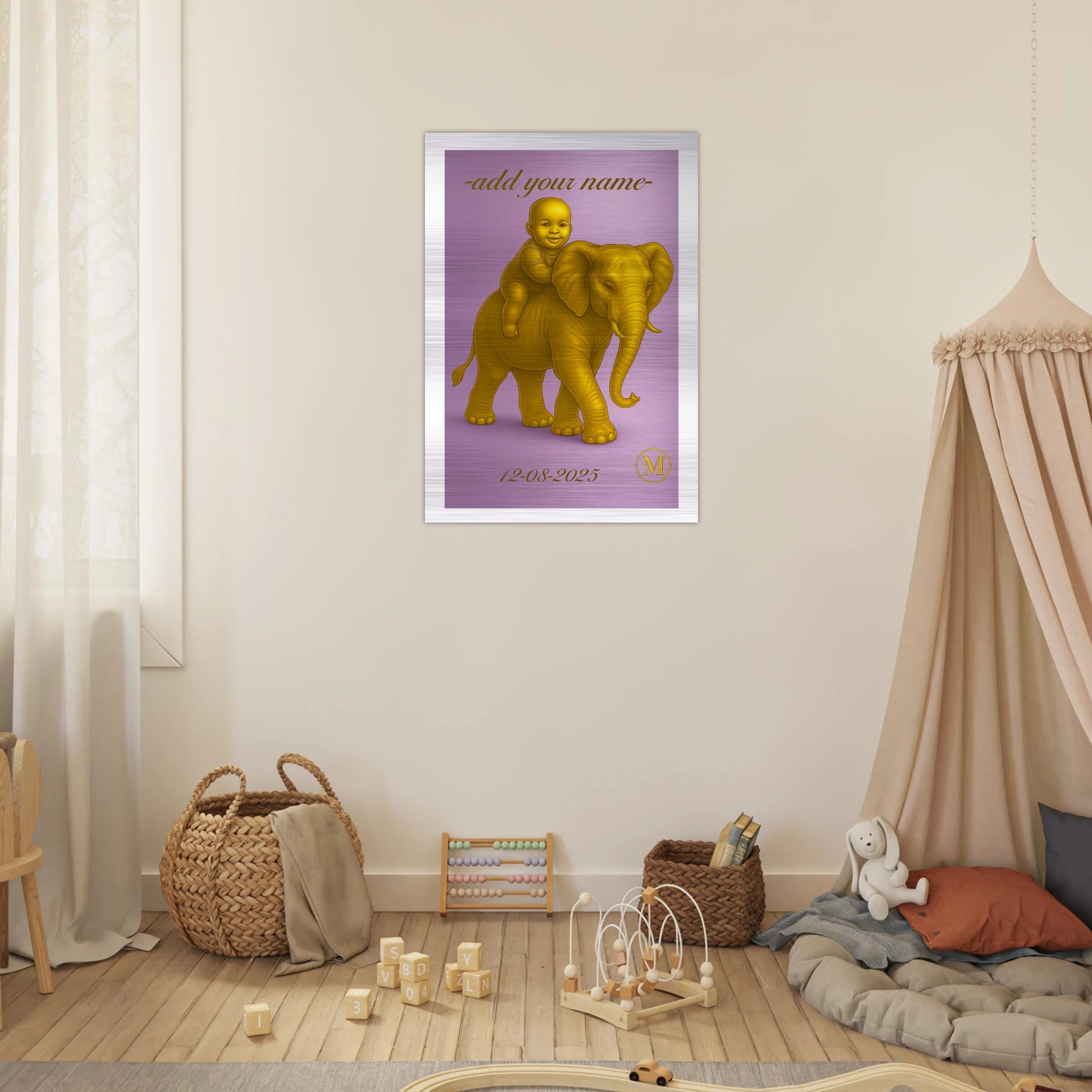 Personalized aluminum baby name plate with sweet purple elephant pattern, unique birth announcement gift for modern nursery wall art decoration