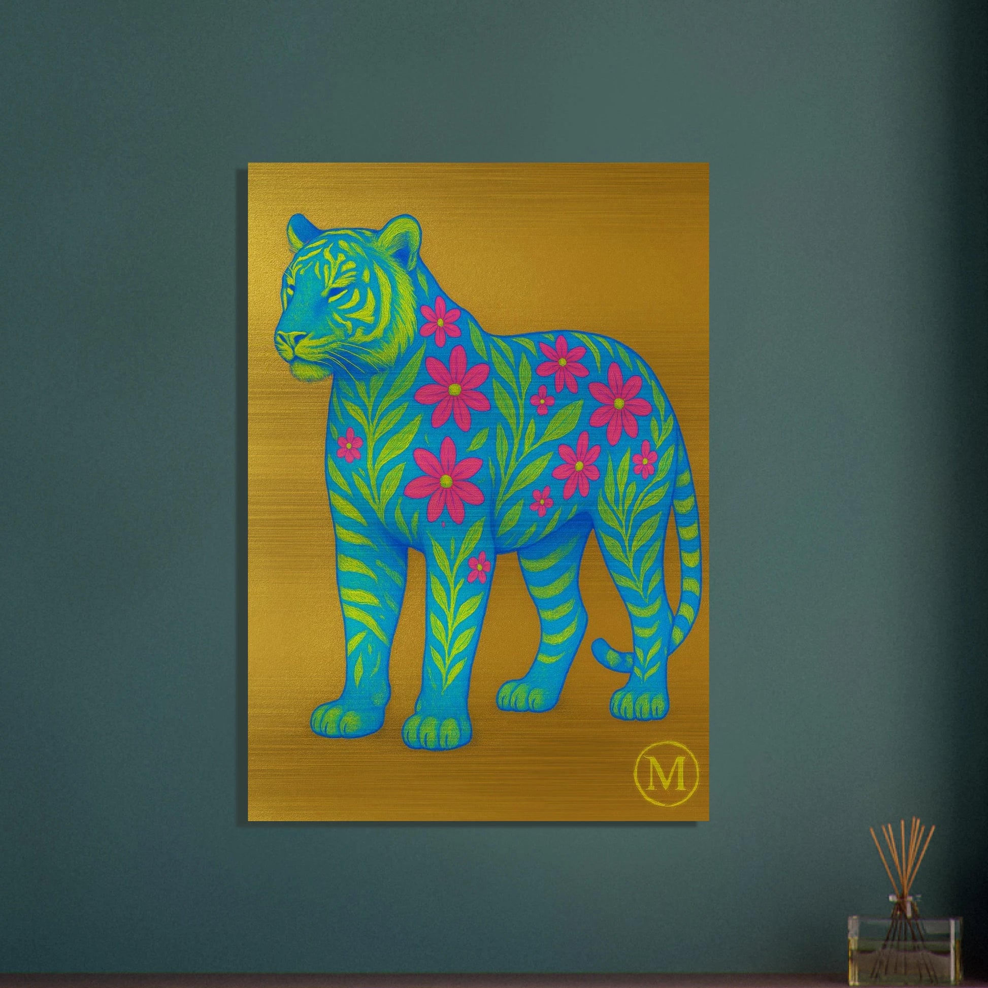Golden flowered phanter with golden background. the wall art from MATCH wall art chic and bold design