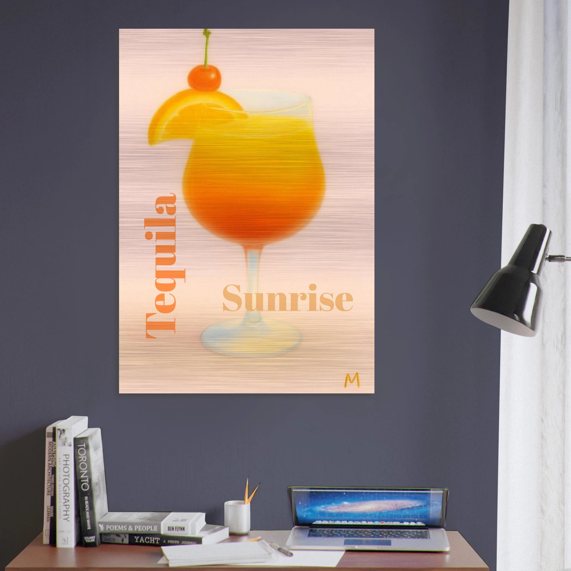 ibrant Tequila Sunrise cocktail with orange slice and cherry on brushed aluminium in vintage pastel style