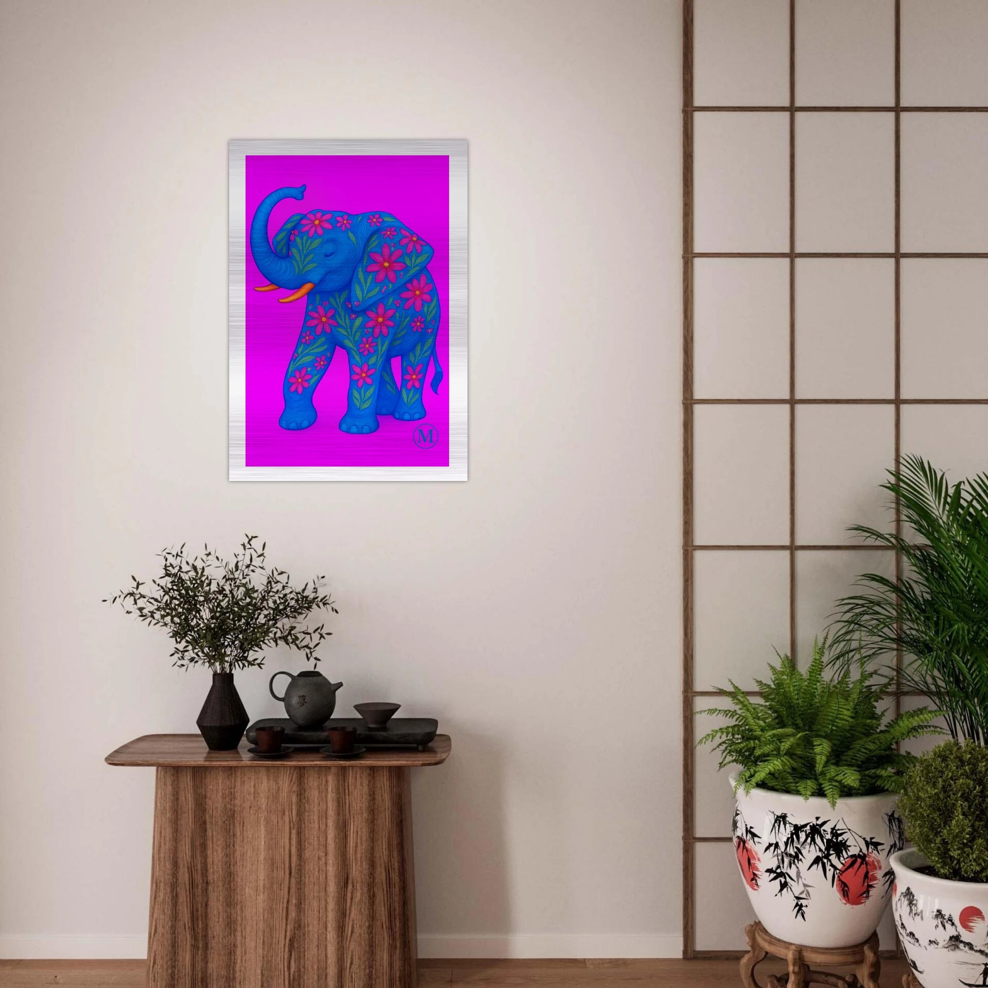 Majestic pink noen elephant brushed aluminum wall art -wildlife statement piece by MATCH Wall Art luxury