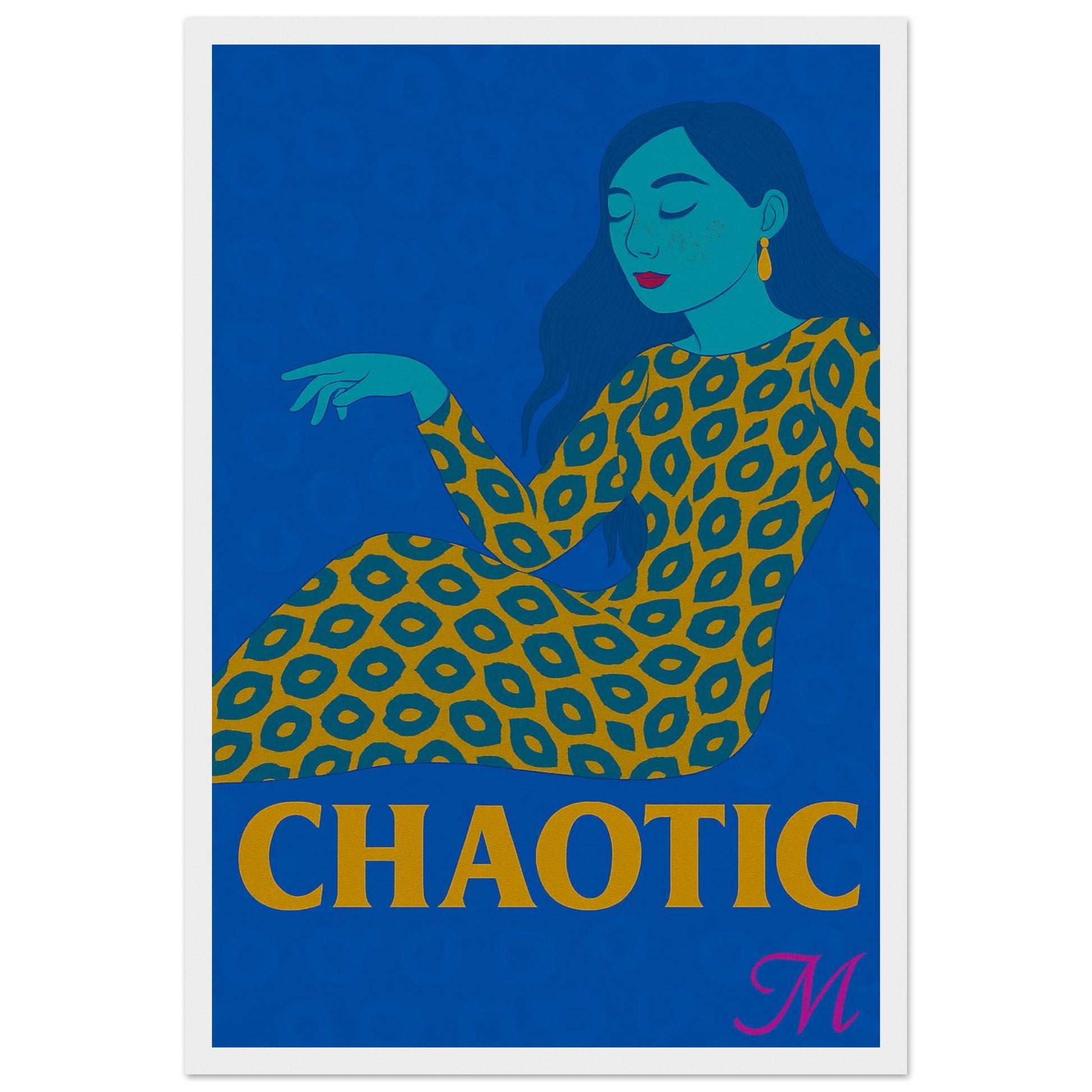 Minimalist poster of a seated blue woman with closed eyes in gold leopard print dress, captioned ‘Chaotic’ in gold letters