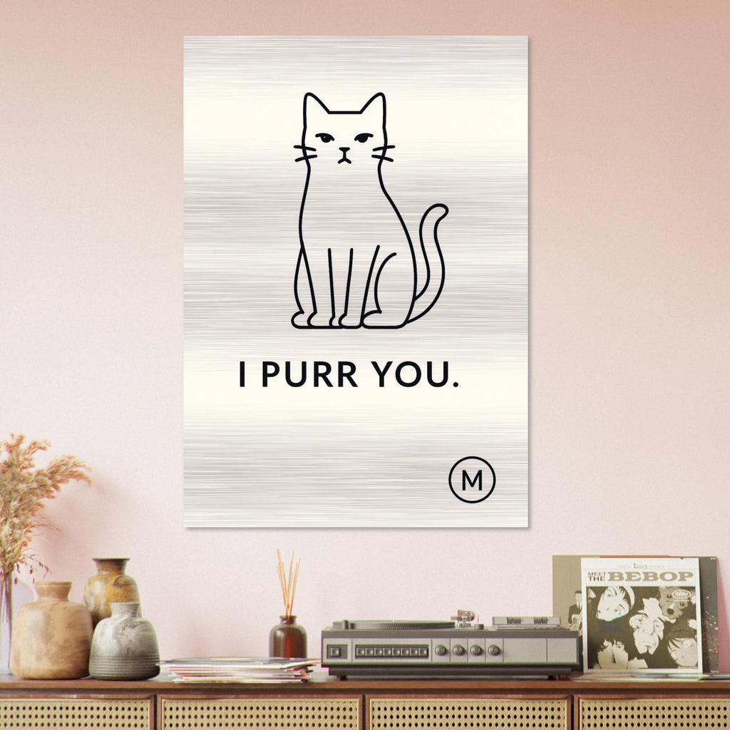 Premium cat wall decor with adorable 'I Purr You' message on brushed aluminum, ideal luxury cat gift and perfect holiday present for cat enthusiasts and pet lovers