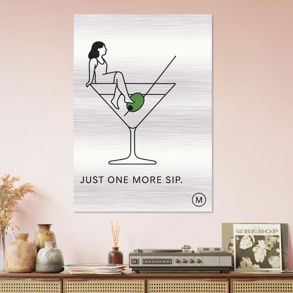 Premium coffee wall decor with 'Just One More Sip' message on brushed aluminum, ideal luxury kitchen art and perfect cristmas gift