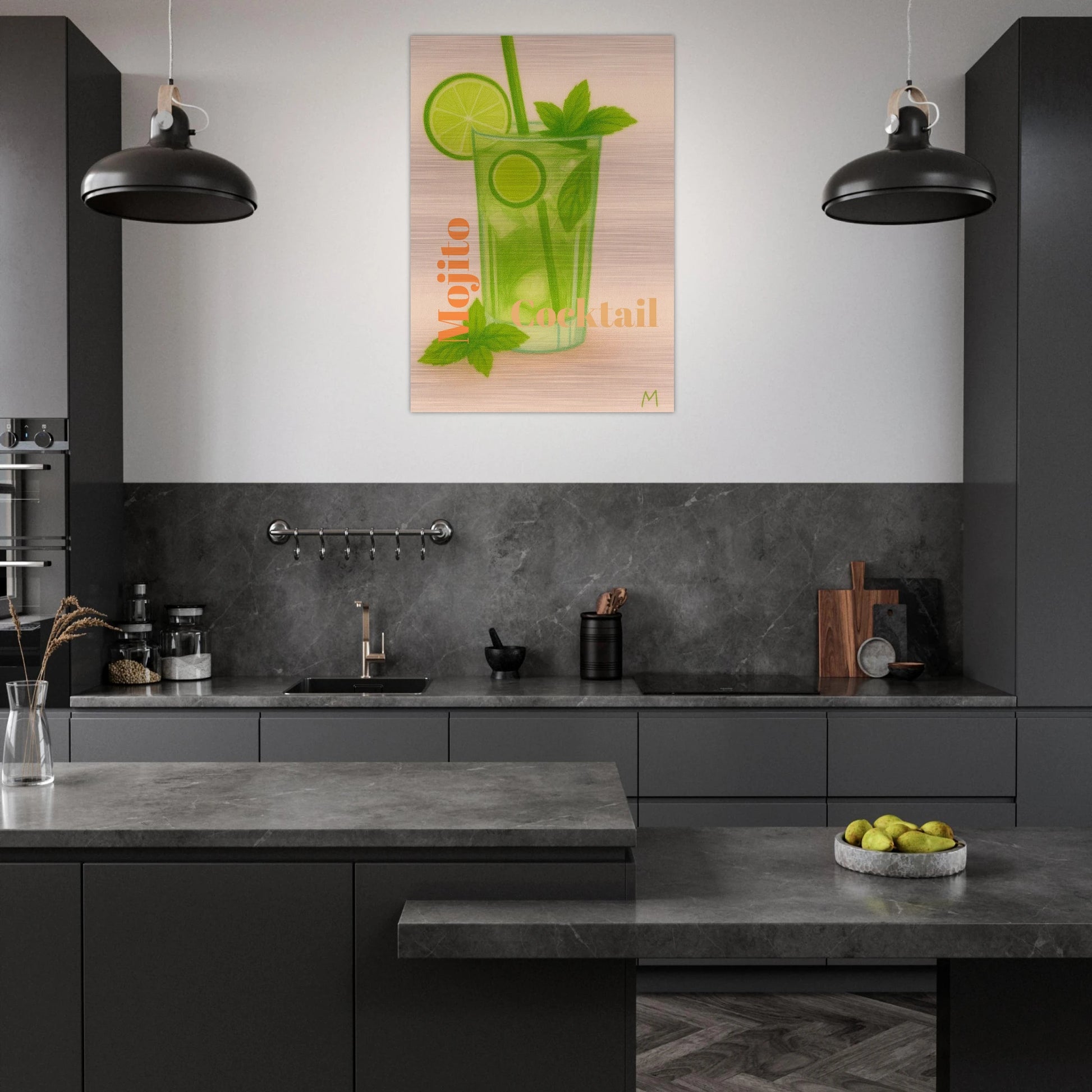 luxury mojito cocktail art with lime and mint on brushed aluminium in vintage pastel style