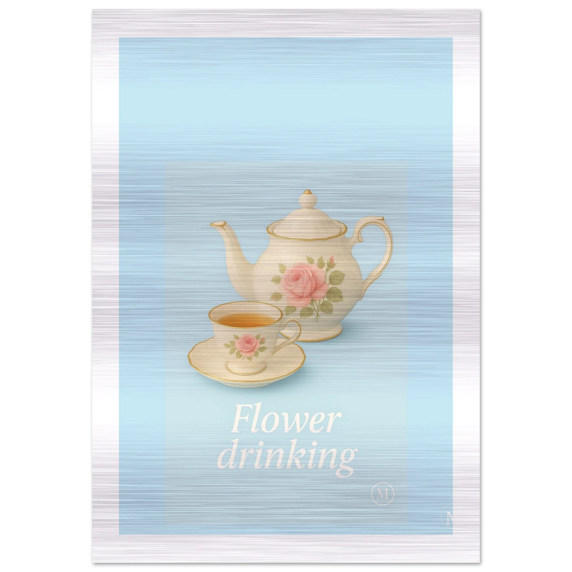 Flower Drinking Teapot and Cups on Aluminum blue