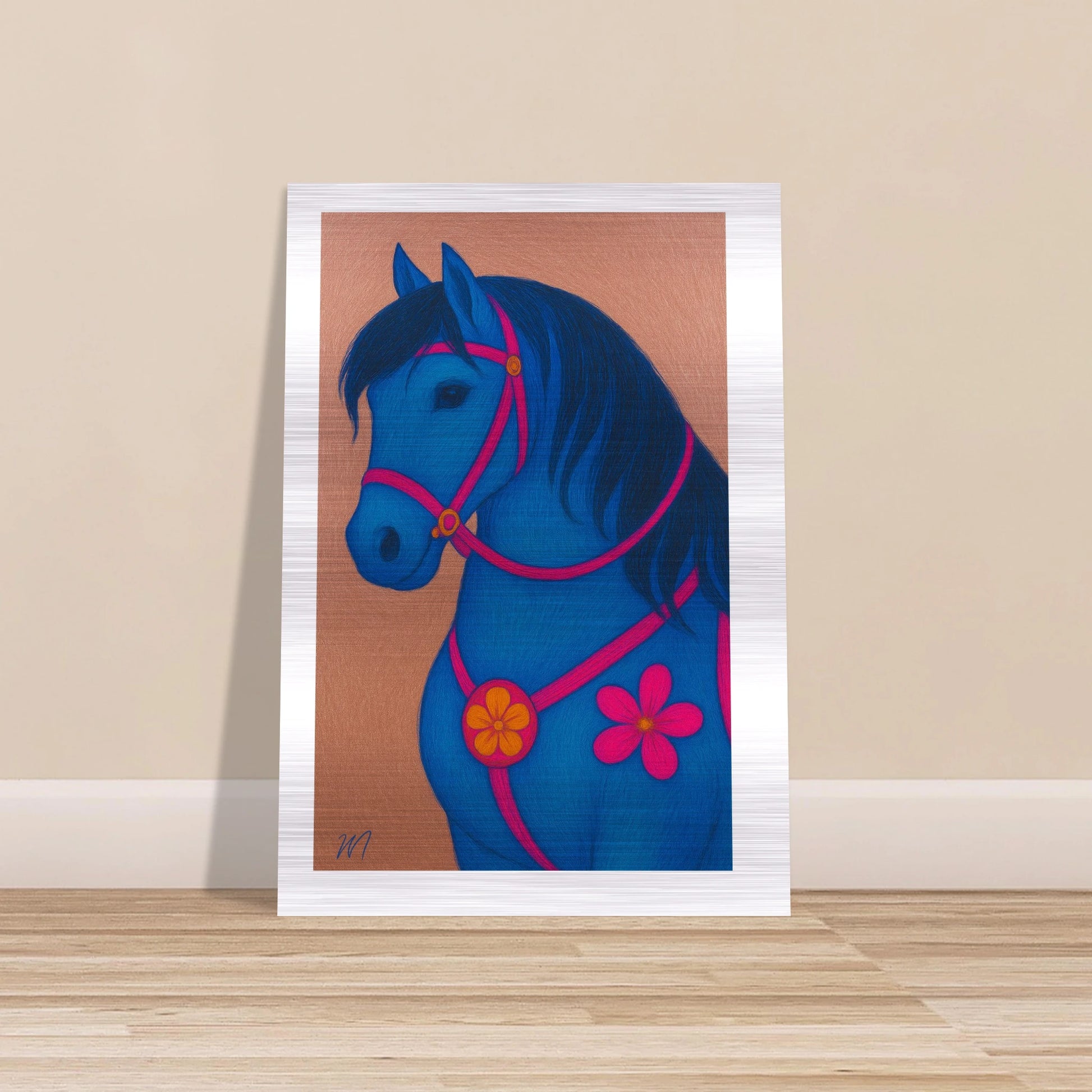 Rose golden horse brushed aluminum wall art - opulent wildlife bold fierce statement piece by MATCH Wall Art