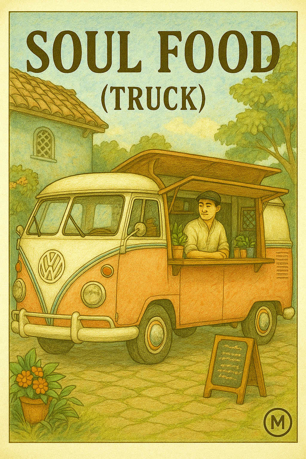 Colorful soul food truck with steaming food, customers lined up waiting for authentic comfort food, street food vendor