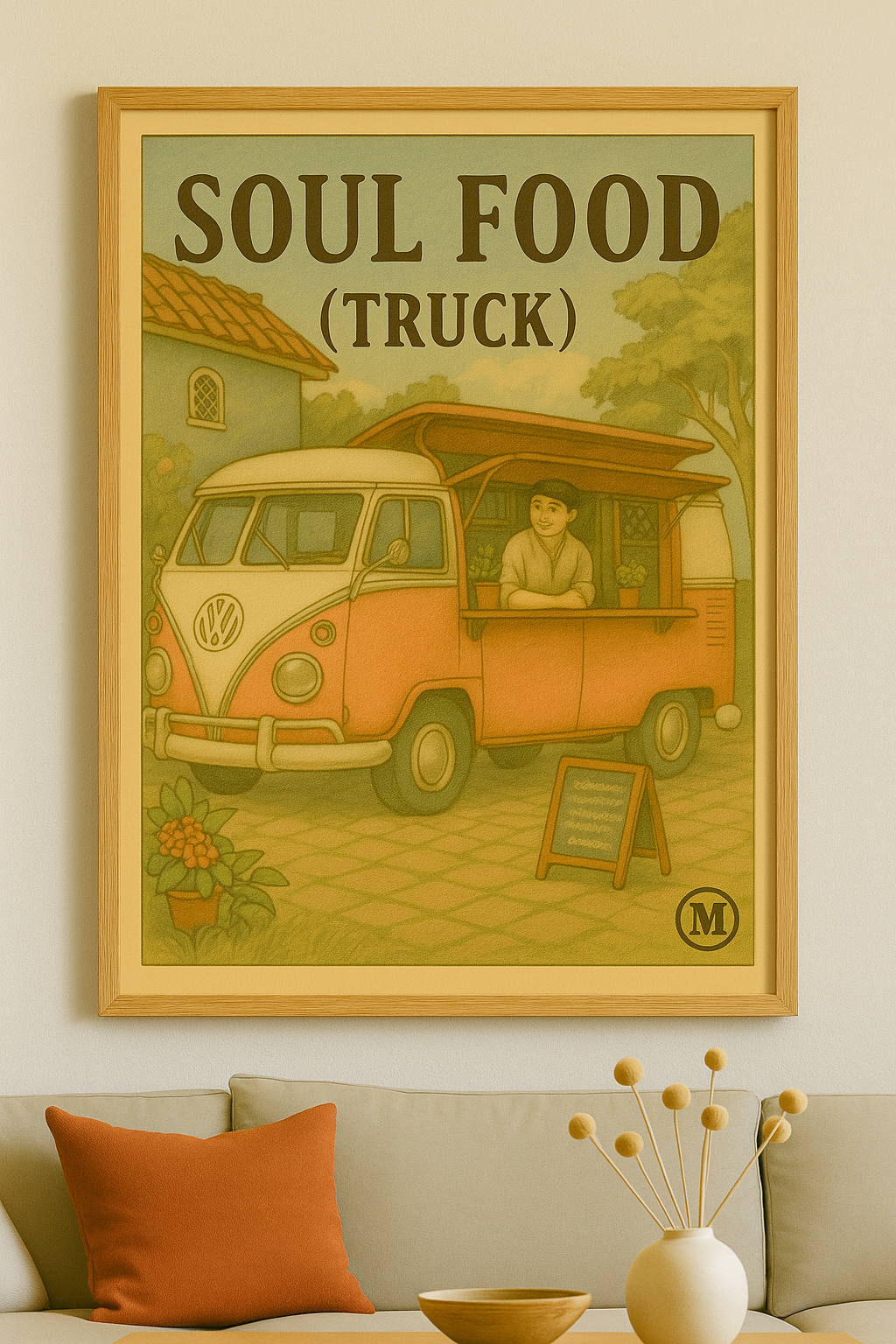 Colorful soul food truck with steaming food, customers lined up waiting for authentic comfort food, street food vendor