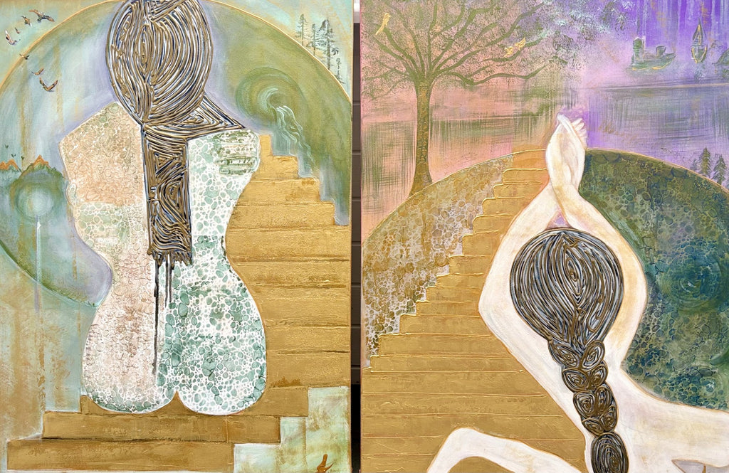 two paintings together stairway embrace