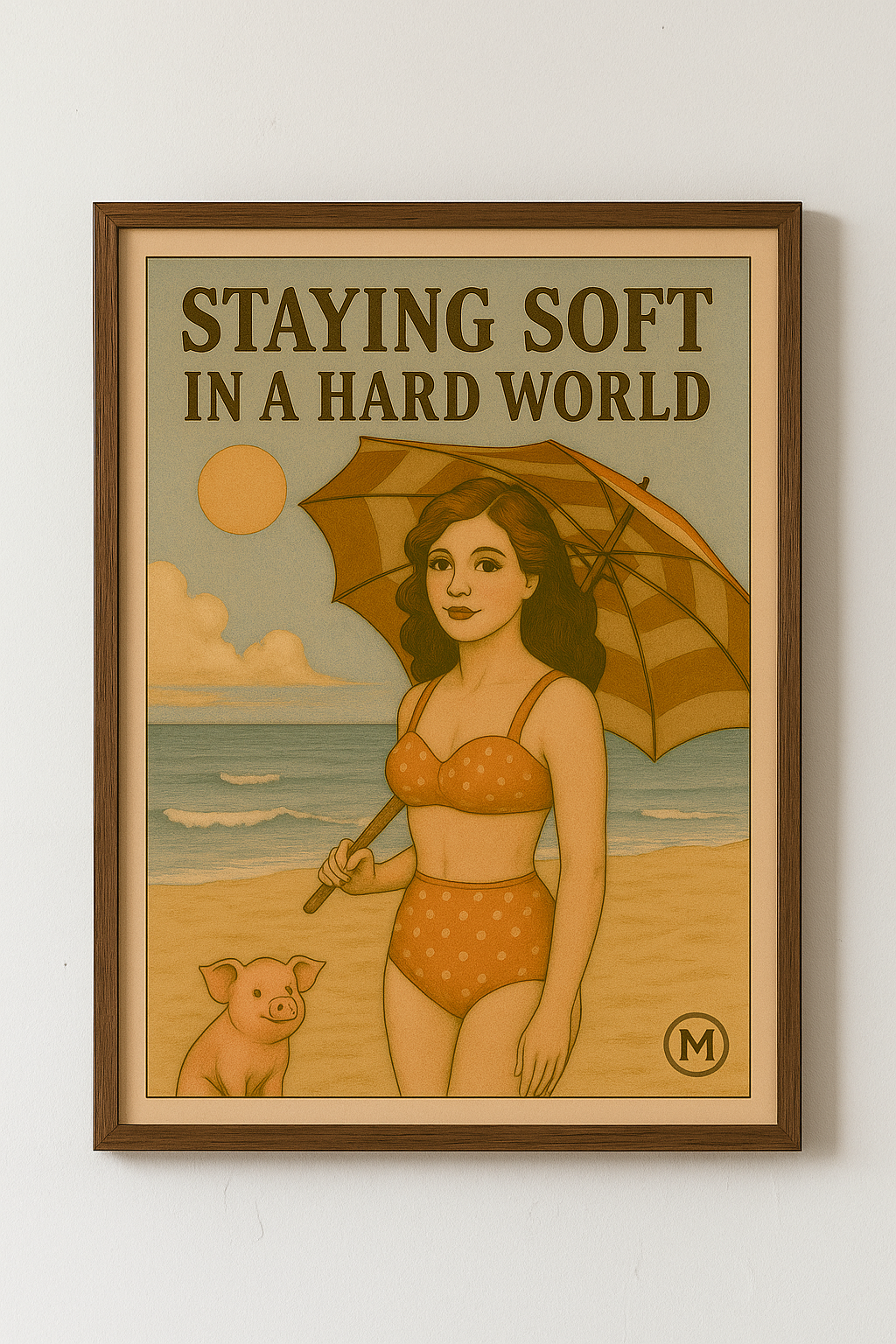 Vintage-style motivational wall art print with quote 'Staying soft in a hard world' in retro typography, digital download, printable home decor
