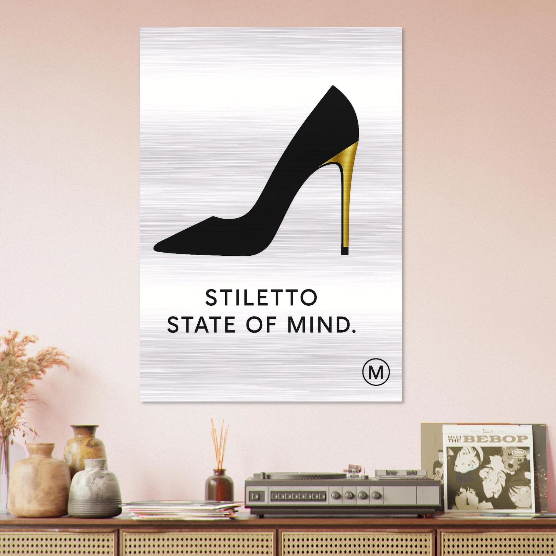 Luxury  stiletto state of mind pink wall brushed aluminum art — gallery-quality statement piece by MATCH Wall Art