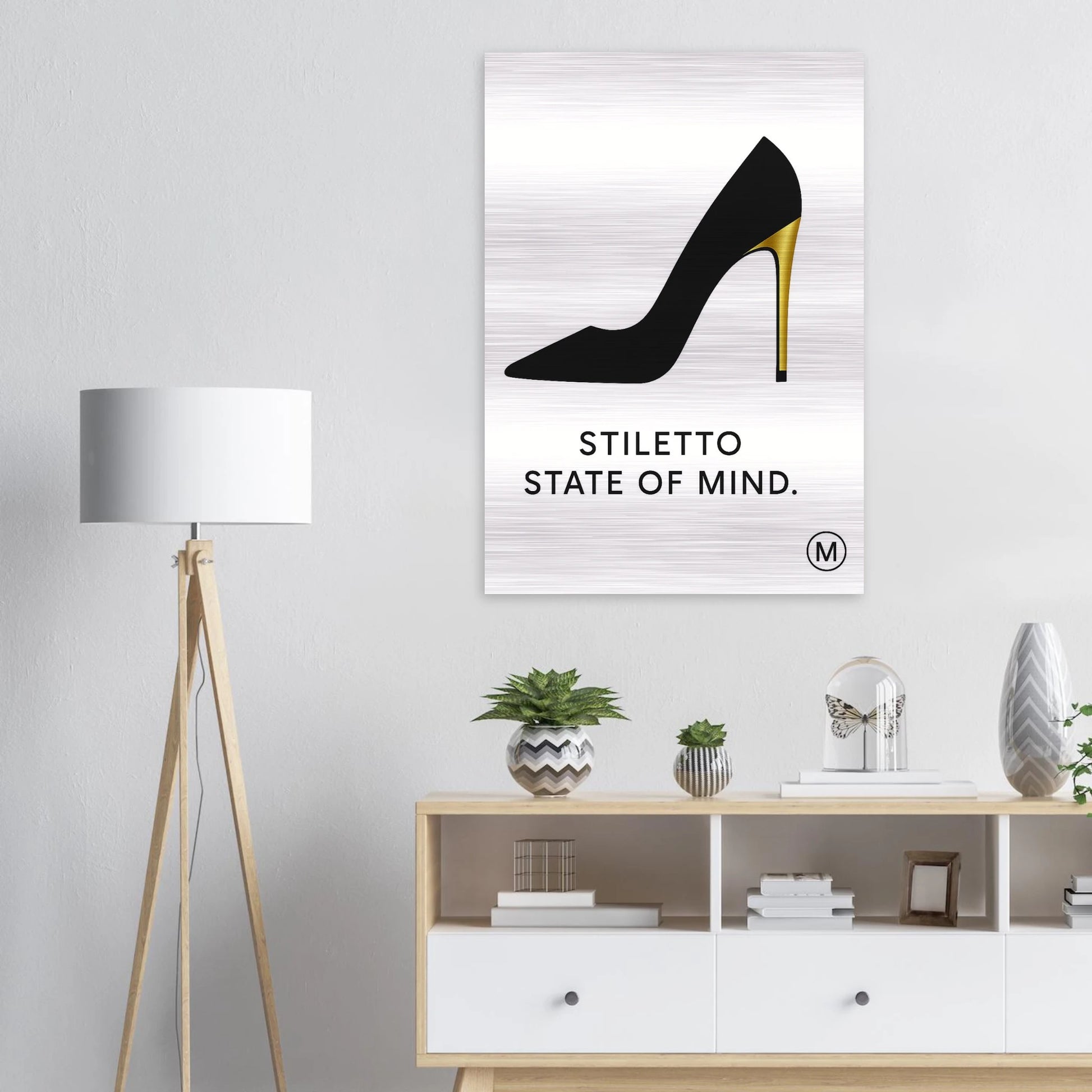 Luxury  stiletto state of mind brushed aluminum wall art on white wall- gallery-quality statement piece by MATCH Wall Art