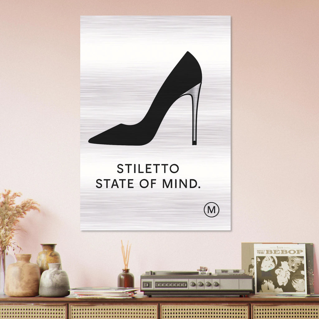 Luxury  stiletto state of mind on pink wall brushed aluminum wall art — gallery-quality statement piece by MATCH Wall Art