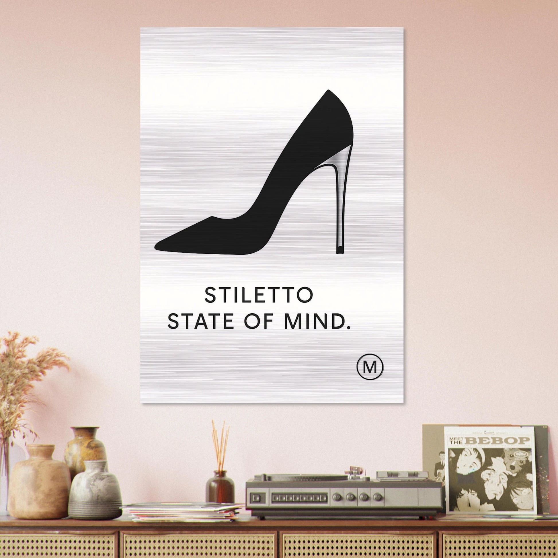 Luxury  stiletto state of mind on pink wall brushed aluminum wall art — gallery-quality statement piece by MATCH Wall Art
