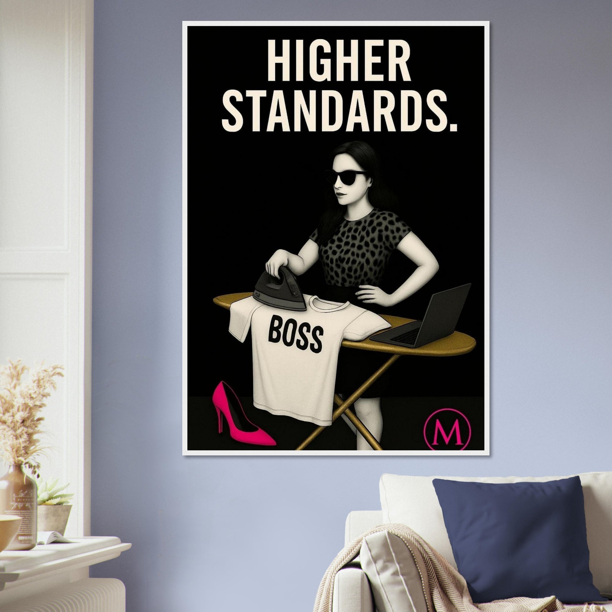 Stylish woman wall art of a modern mom in panter and pink stilettos with bold quote – MATCH Prints