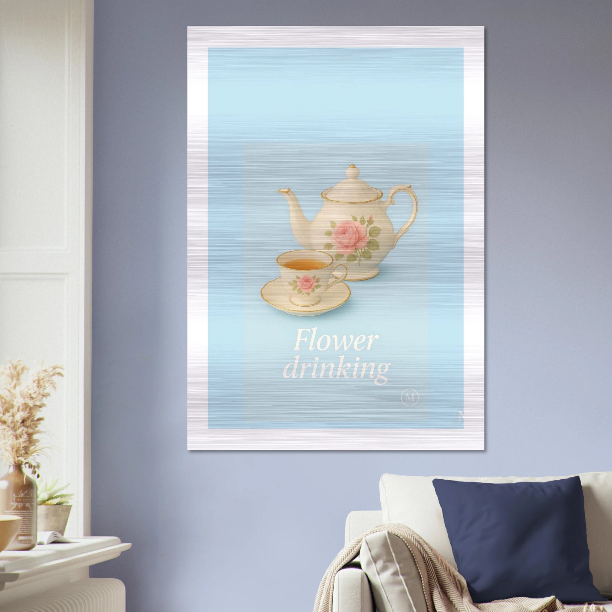 Stylish vintage illustration of a teapot and cups with floral design, printed on brushed aluminum