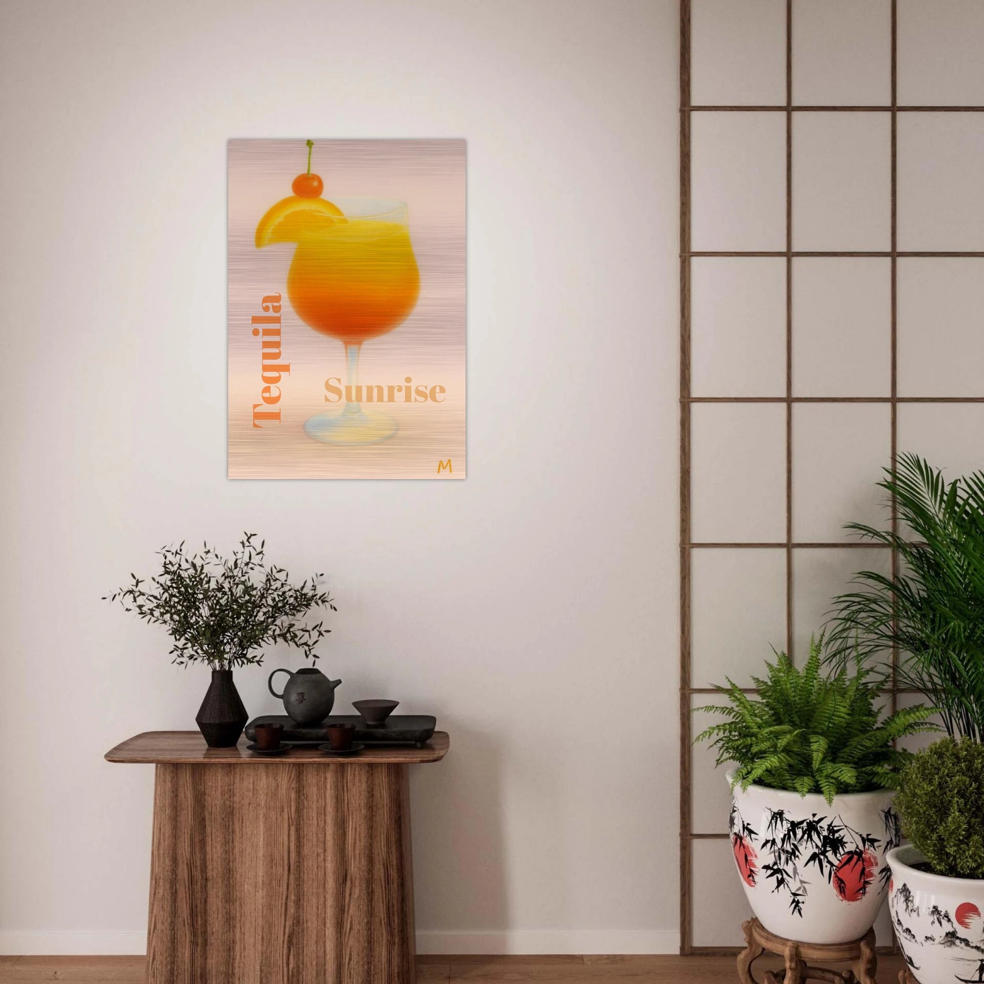 vintage Tequila Sunrise cocktail with orange slice and cherry on brushed aluminium