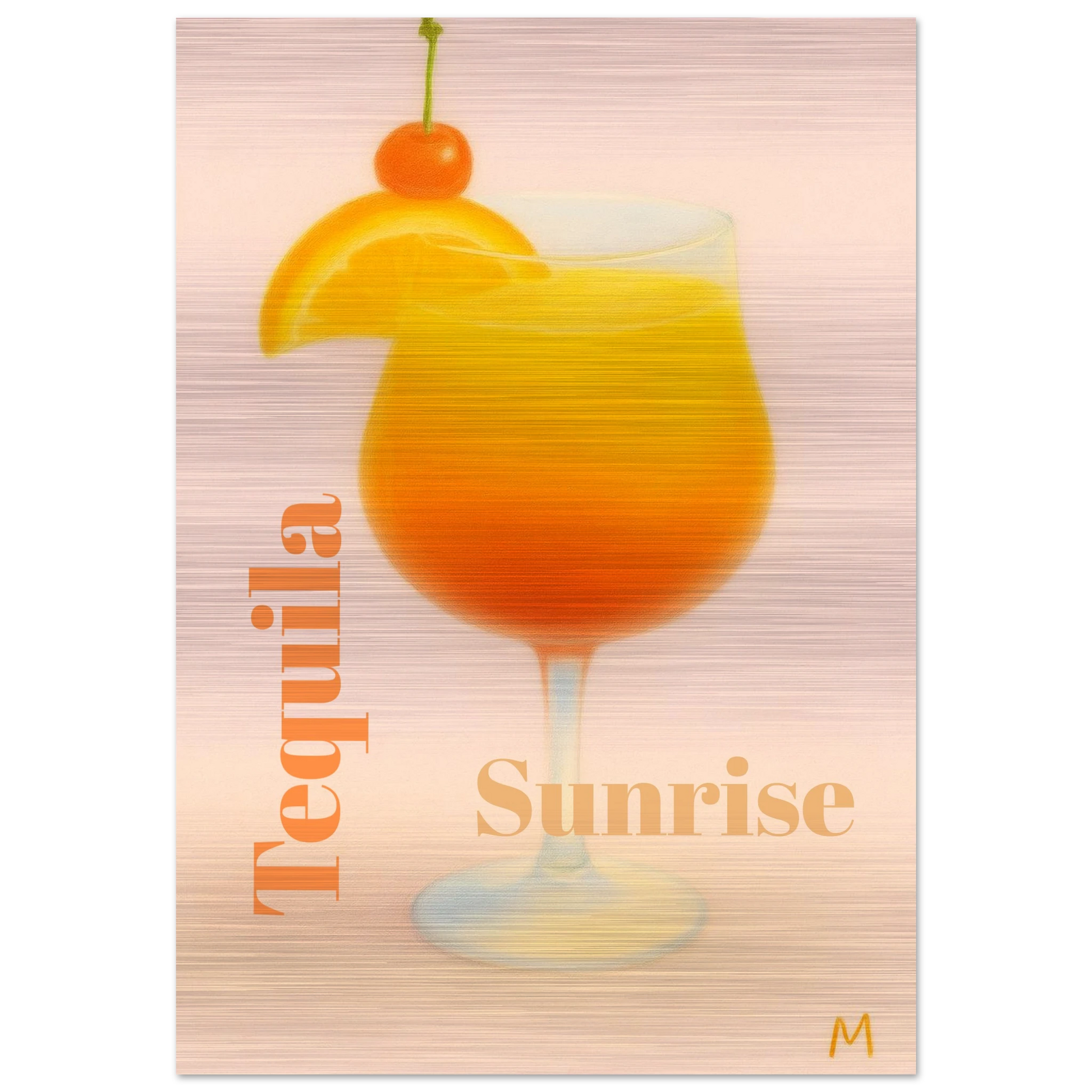 Tequila Sunrise cocktail with orange slice and cherry on brushed aluminium in vintage