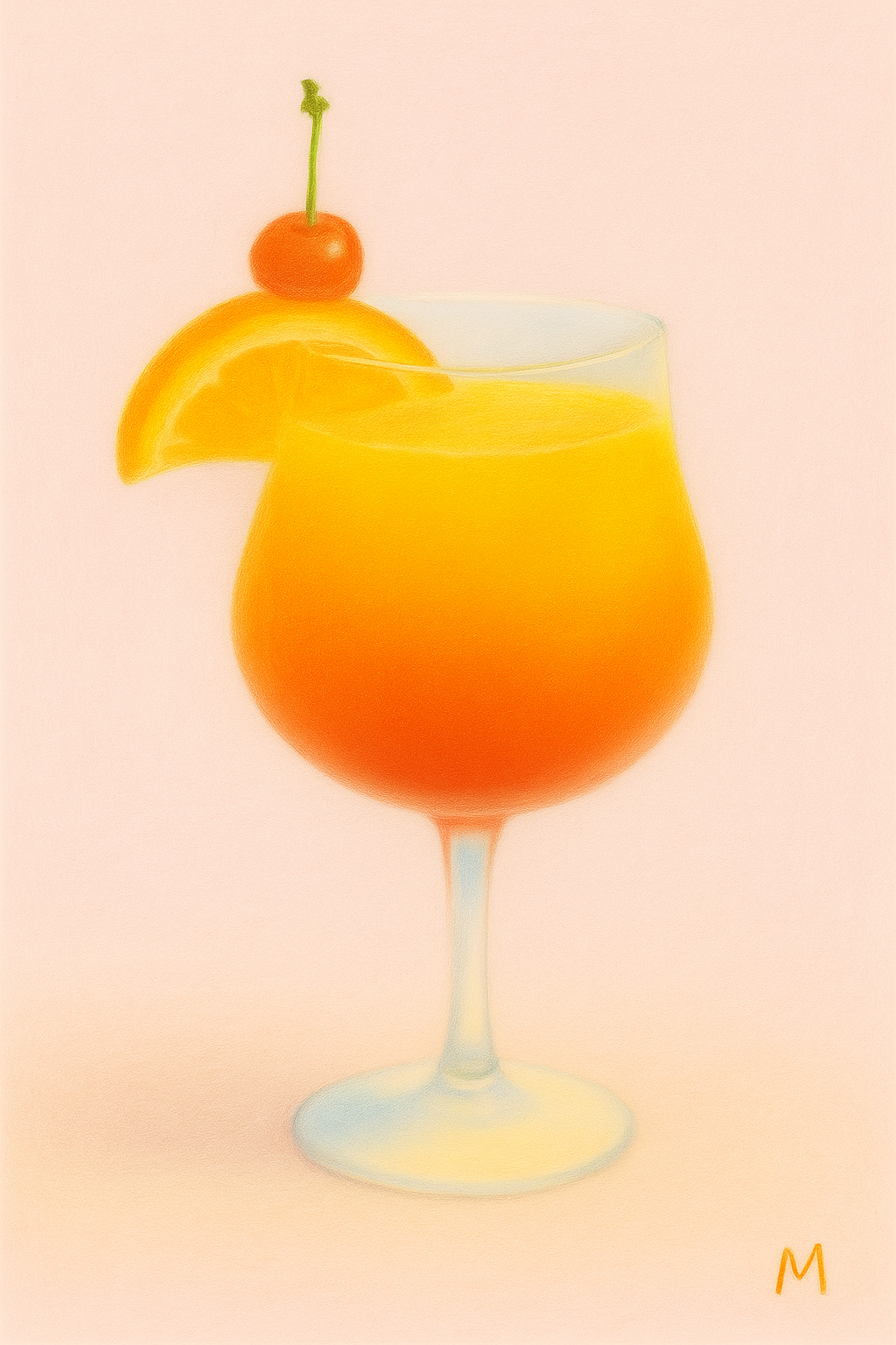 Pastel cocktail poster Tequila Sunrise – digital wall art with cherry and orange