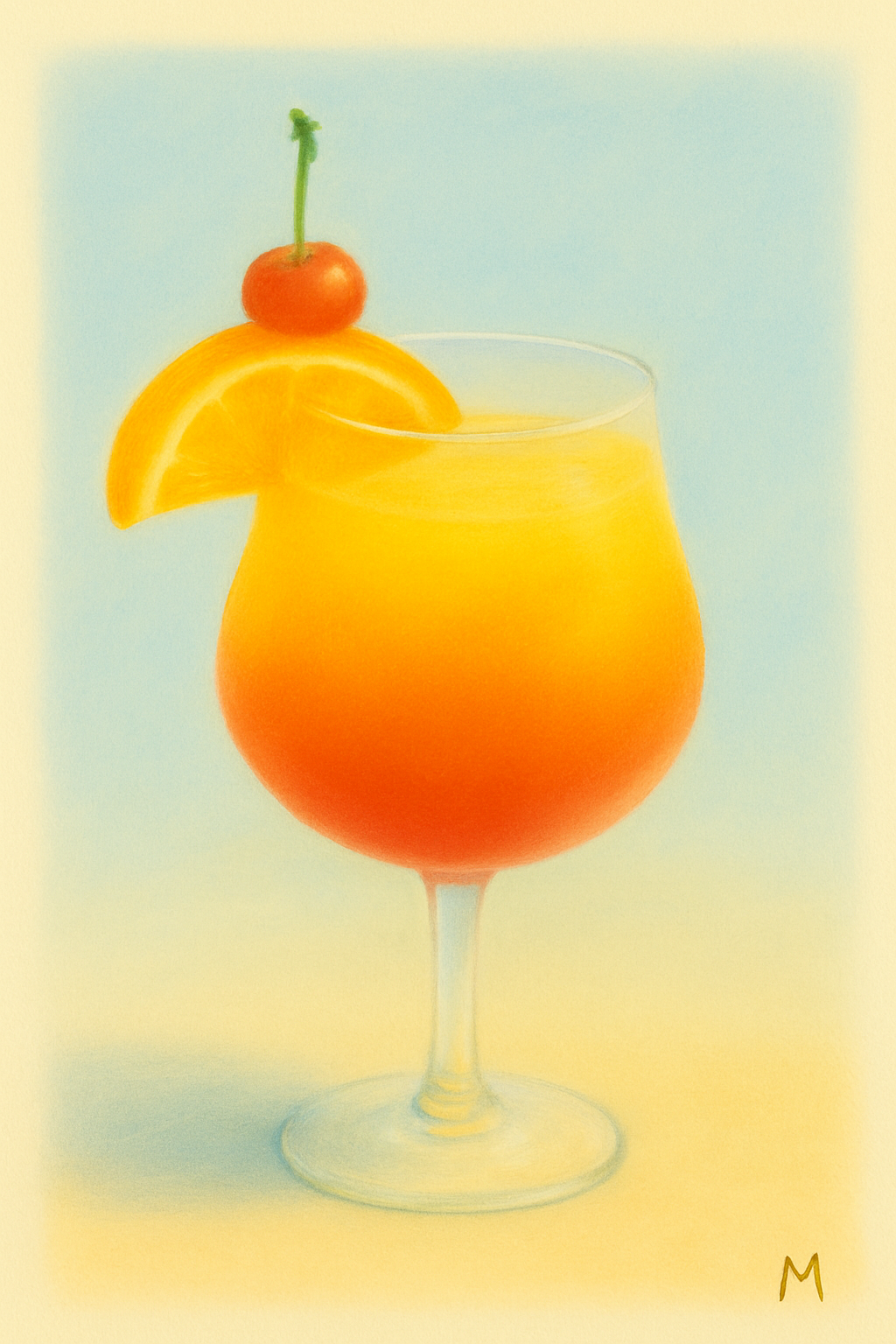 Pastel cocktail poster Tequila Sunrise – digital wall art with cherry and orange,