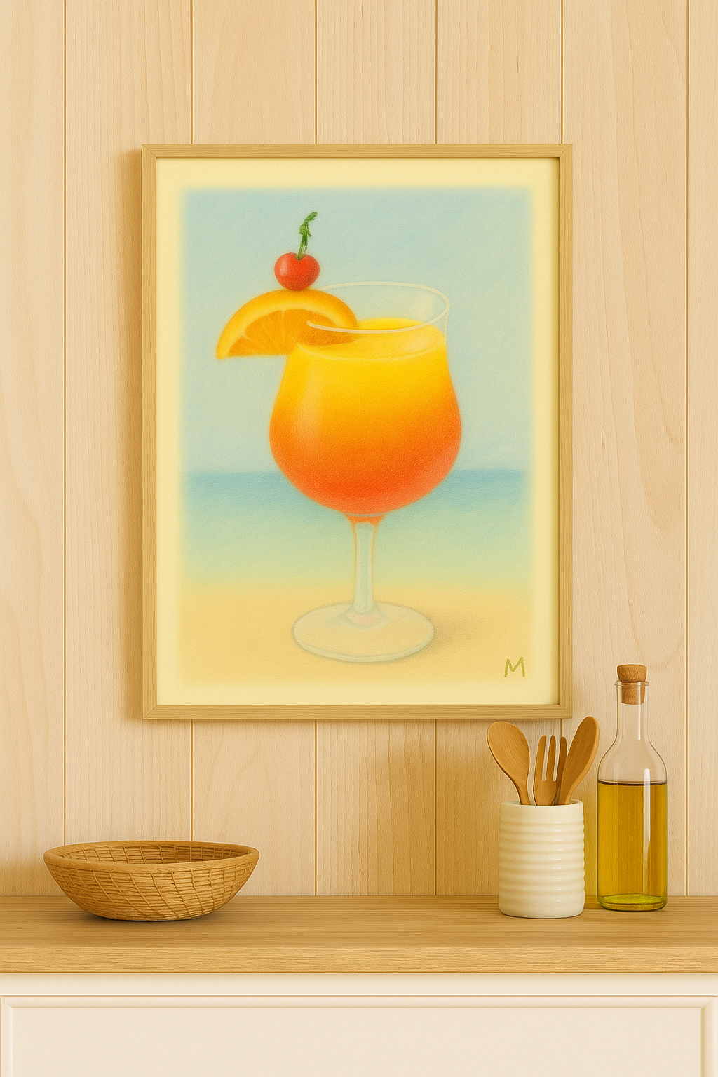 Pastel cocktail poster Tequila Sunrise – digital wall art with cherry and orange