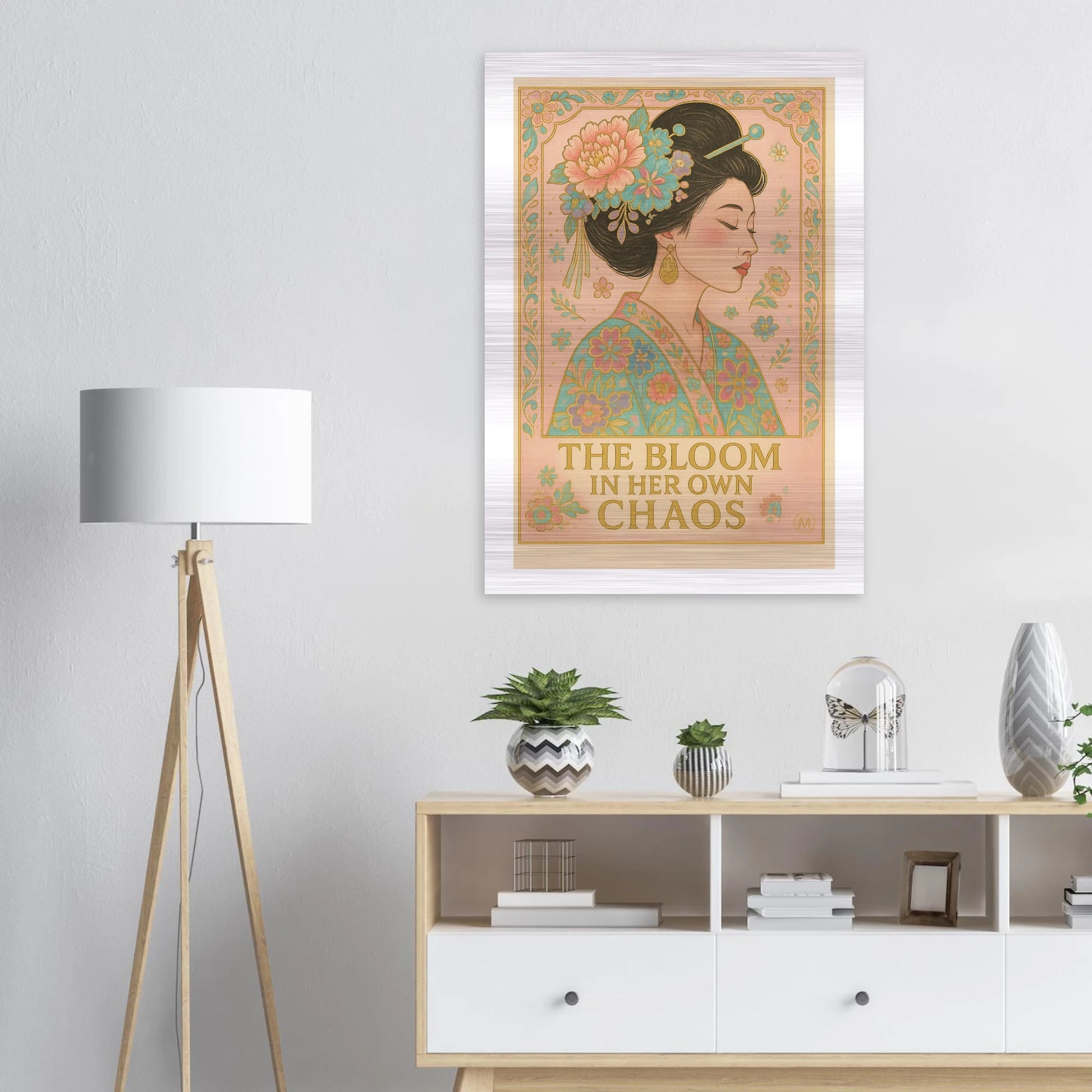 vintage-style illustration of a geisha printed on brushed aluminum