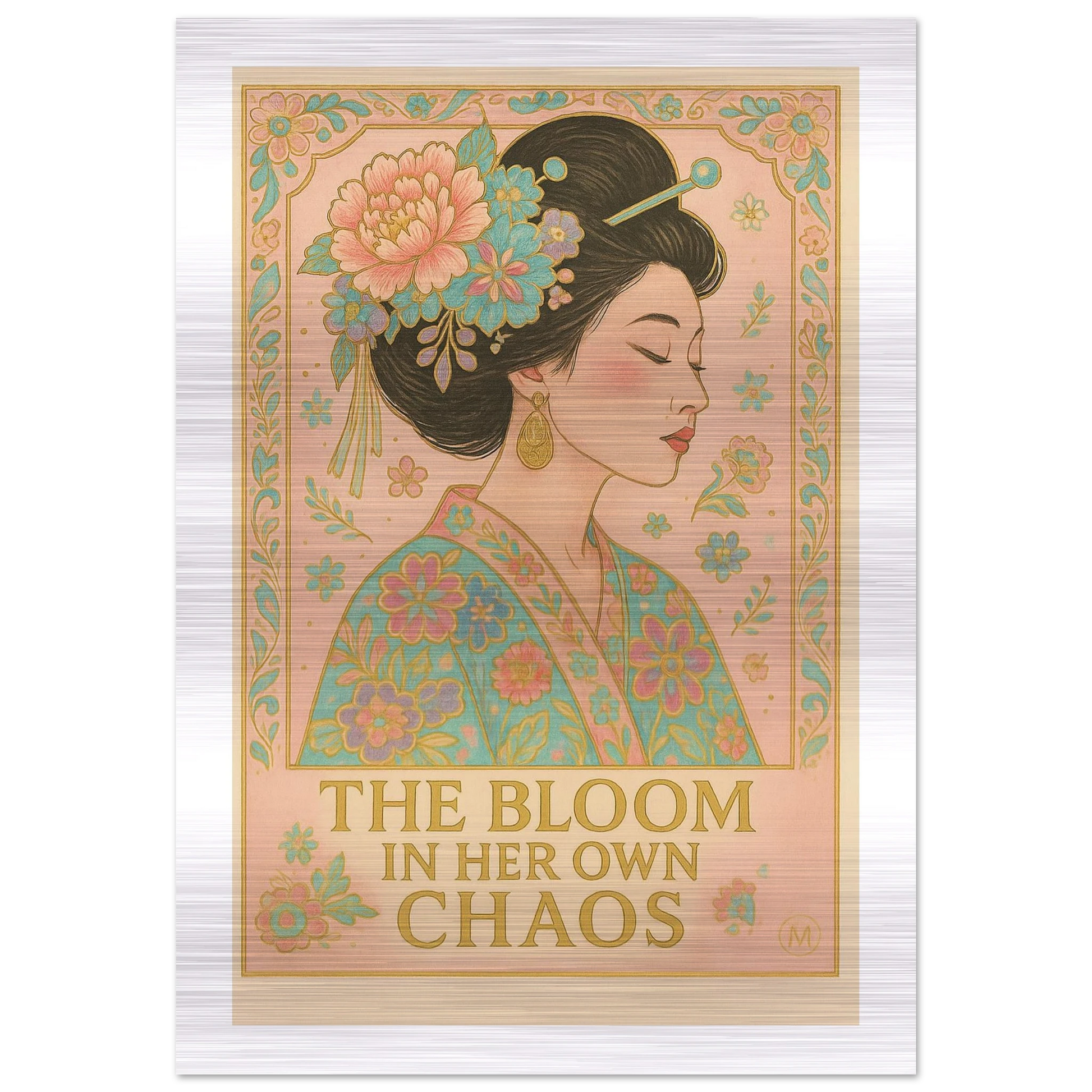 Artistic Geisha wall art in a green floral kimono with pink and gold accents, printed on brushed aluminum,