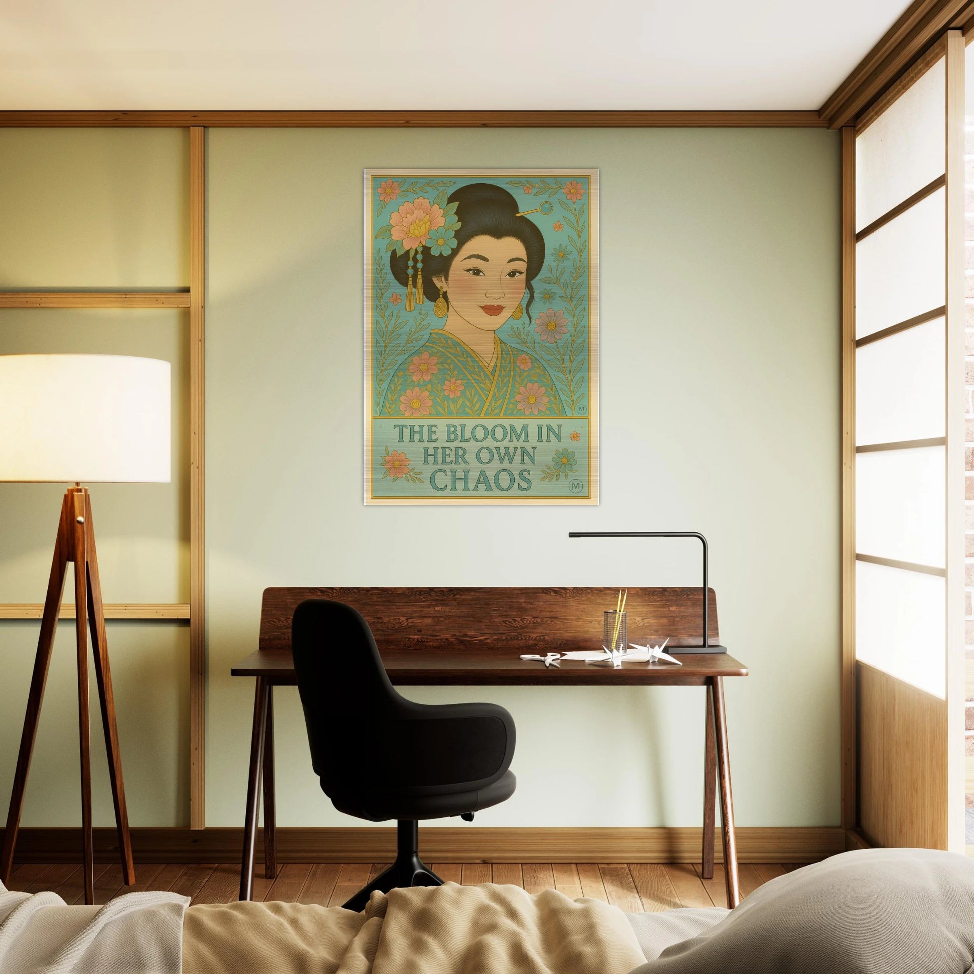 Colorful pastel and gold metallic Geisha portrait with floral kimono, hanging with the text “The Bloom in Her Own Chaos,” printed on brushed aluminum
