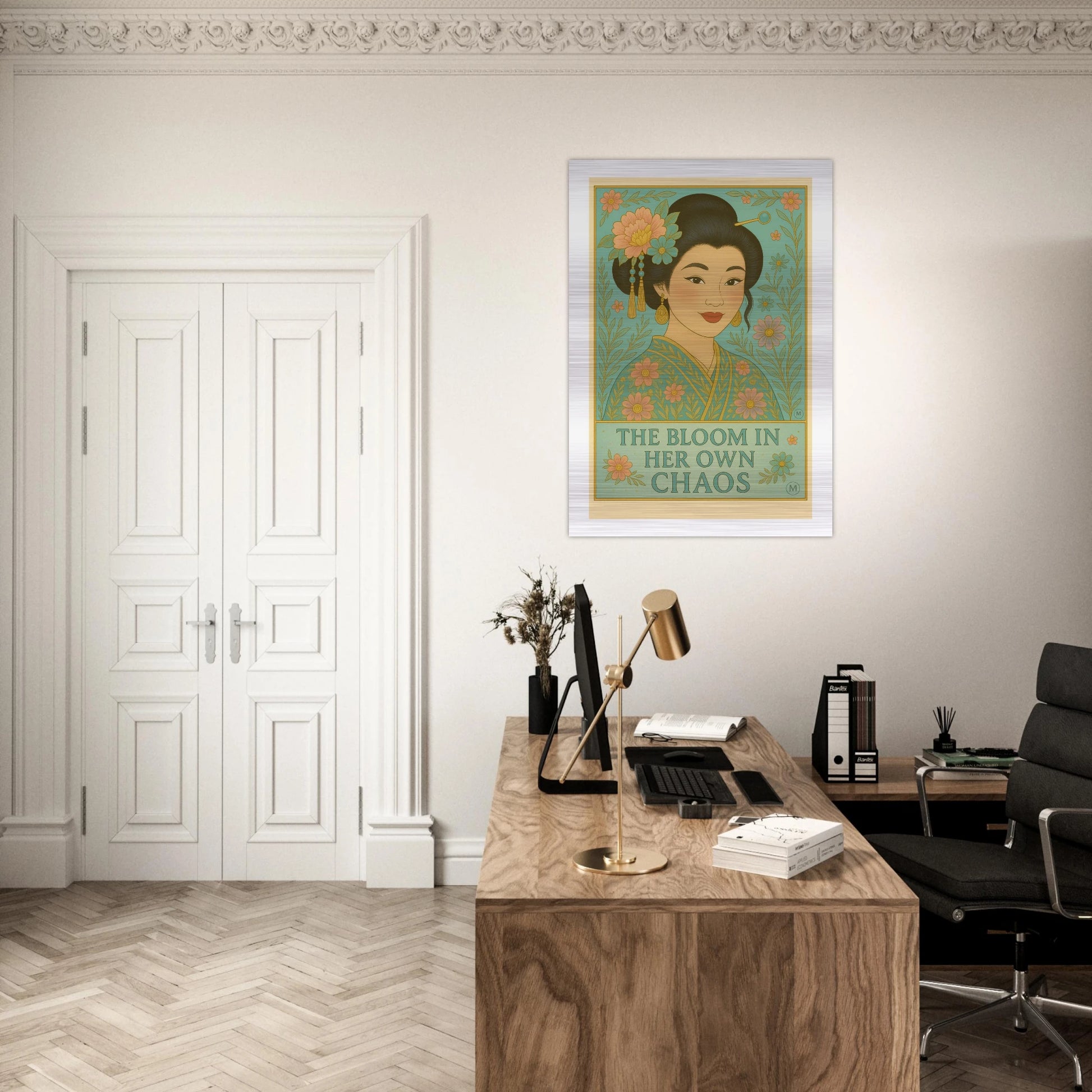 Elegant vintage-style illustration of a geisha in office wall art