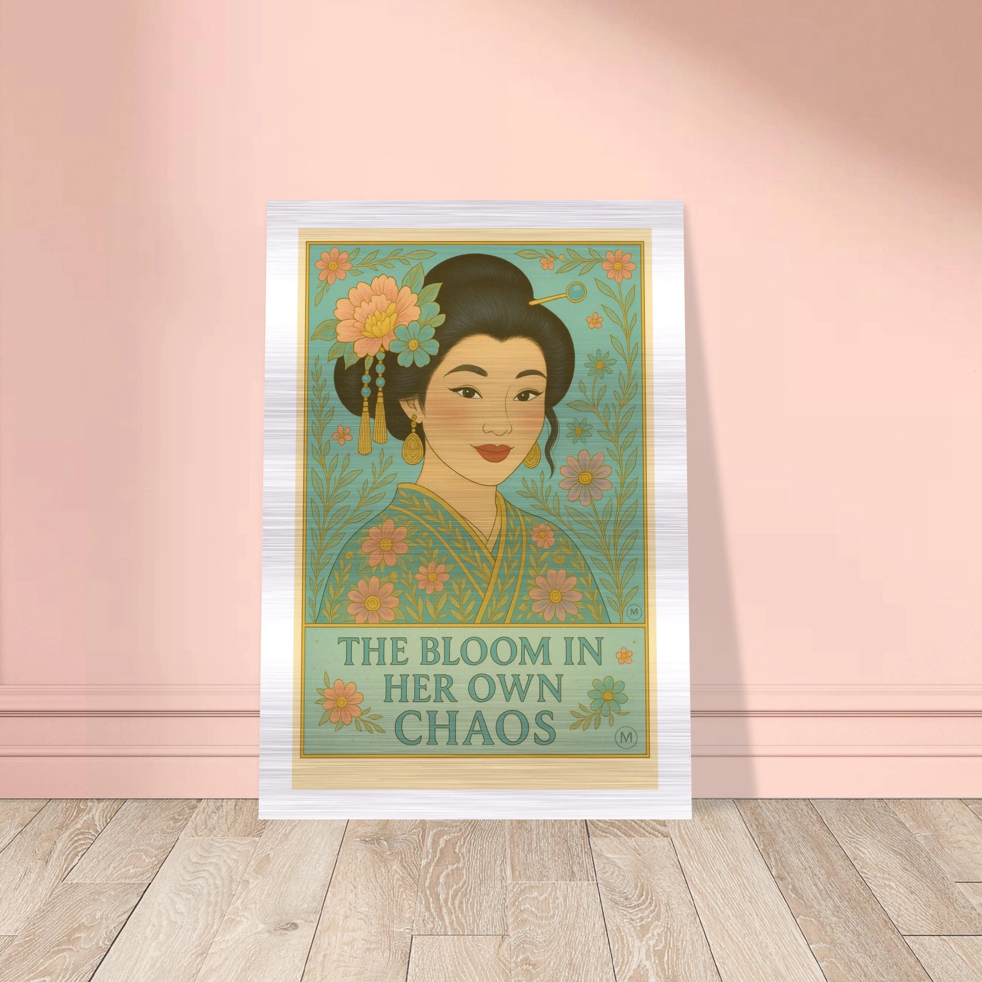 Artistic Geisha wall art in a green floral kimono with gold accents, printed on brushed aluminum