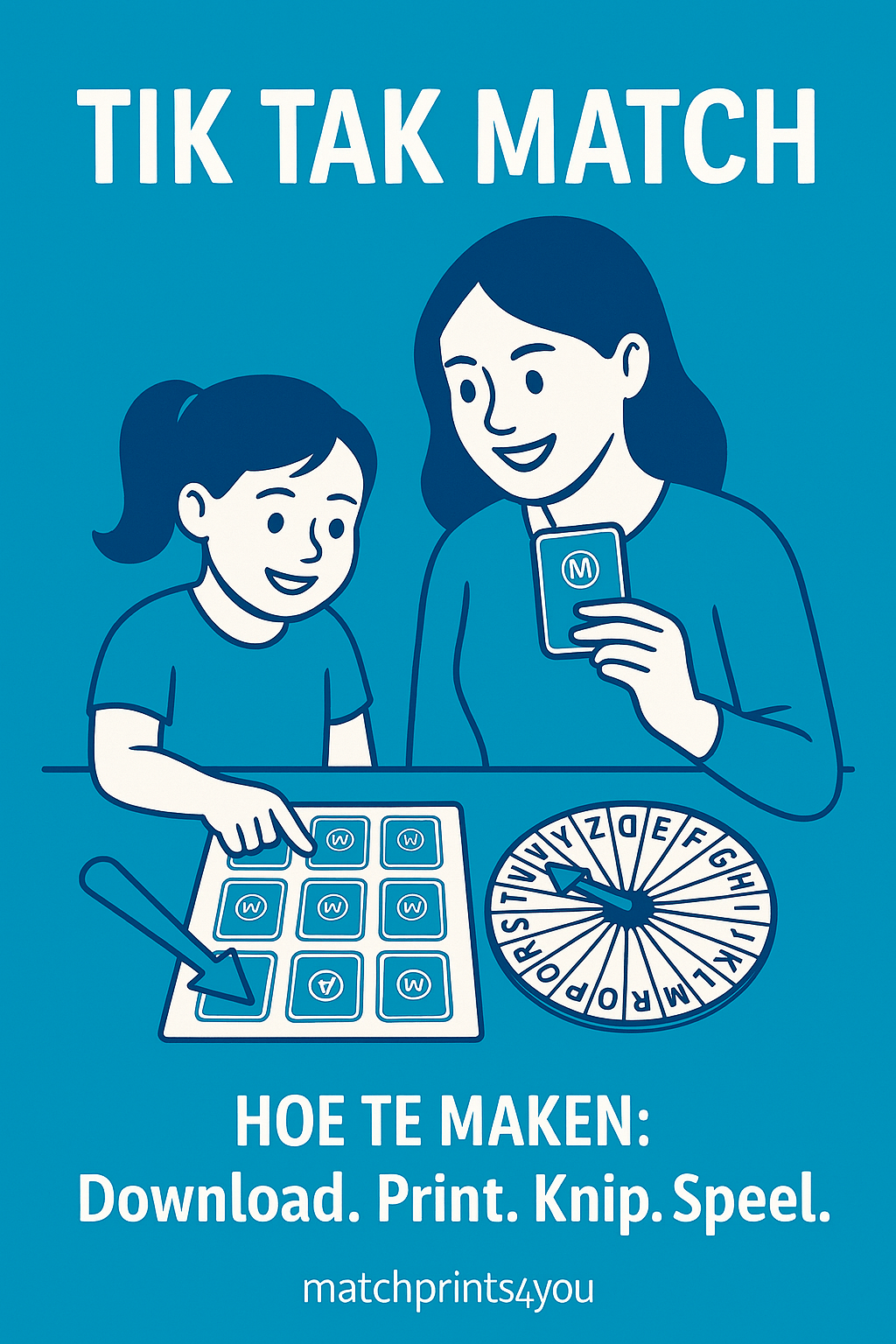 Moeder en dochter lachen samen terwijl ze het Tik Tak Match spel spelen met kleurrijke kaarten en een draaischijf op tafel.