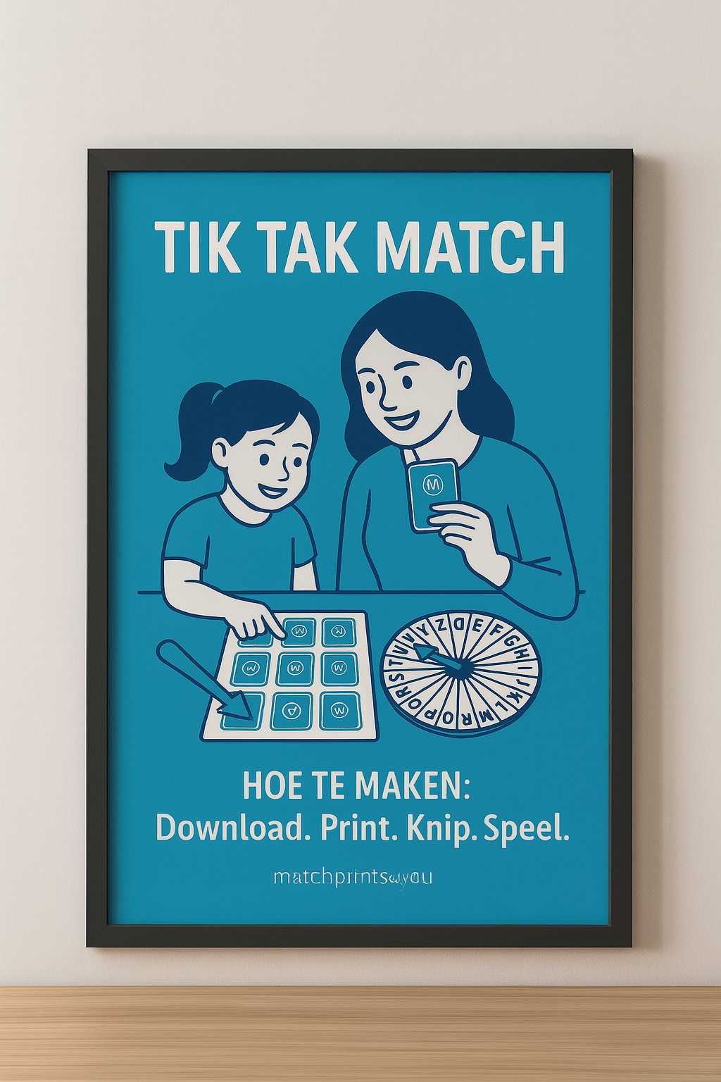 Moeder en dochter lachen samen terwijl ze het Tik Tak Match spel spelen met kleurrijke kaarten en een draaischijf op tafel.