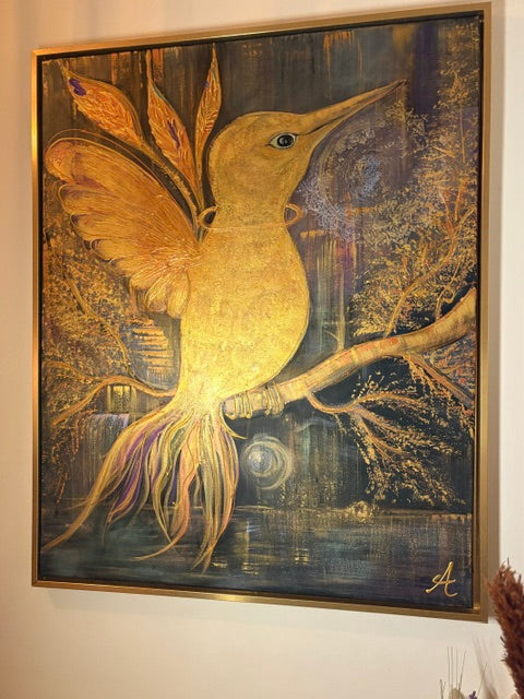 twinkels bird on wall painting of a bird bold canvas artwork, textured painting golden artwork