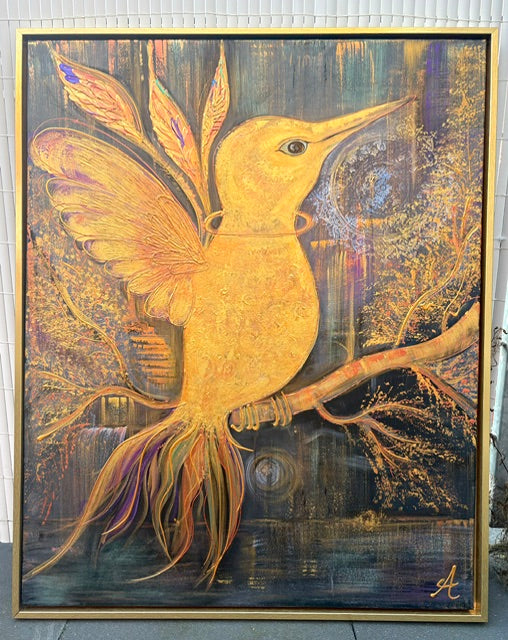 figurative painting of a bird bold canvas artwork, textured contemporary painting golden