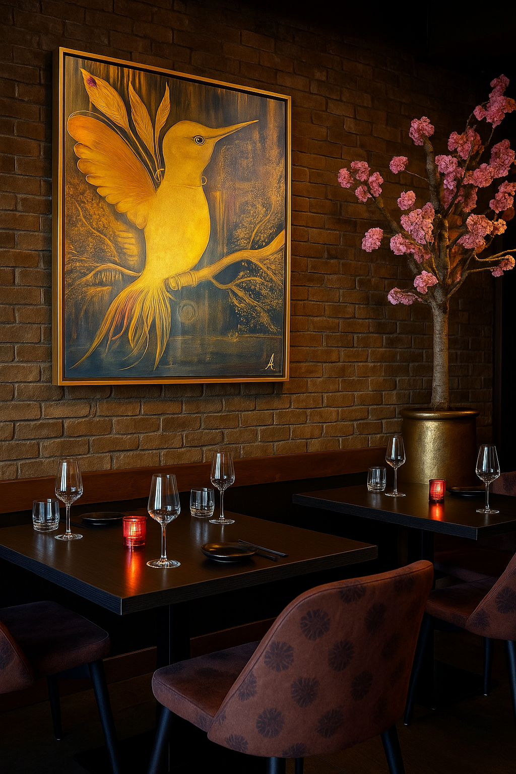 mock in restaurant of figurative bird, luxury bold canvas artwork, textured contemporary painting golden