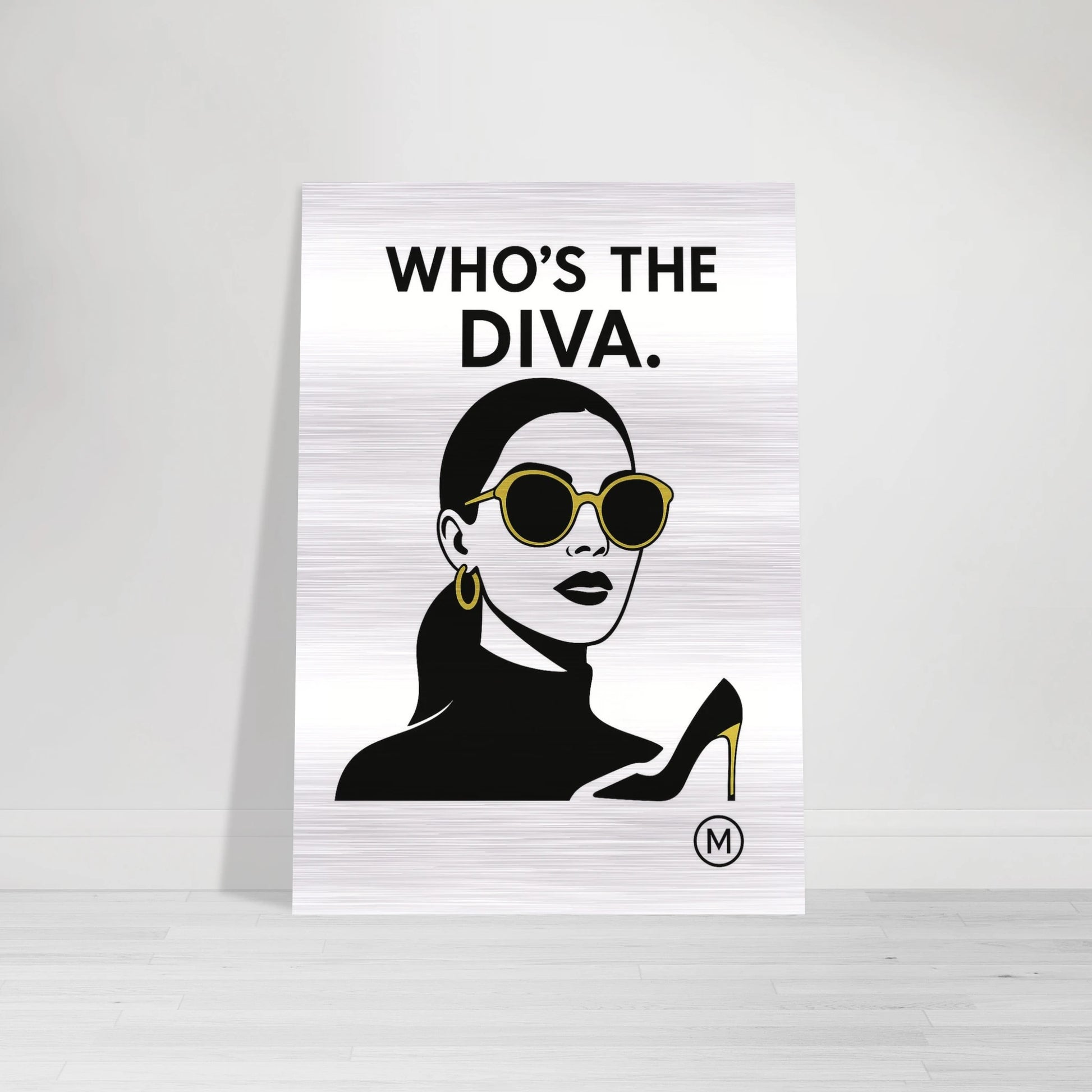 High-end fashion portrait brushed aluminum wall art — bold silver-accent metal print by MATCH Wall Art