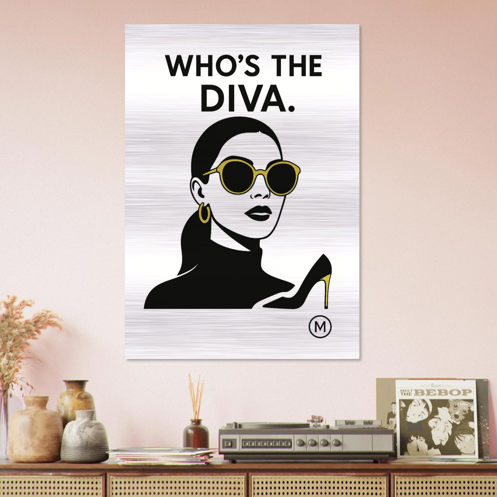 High-end fashion portrait on pink wall brushed aluminum wall art -sophisticated gold-accent metal print by MATCH Wall Art